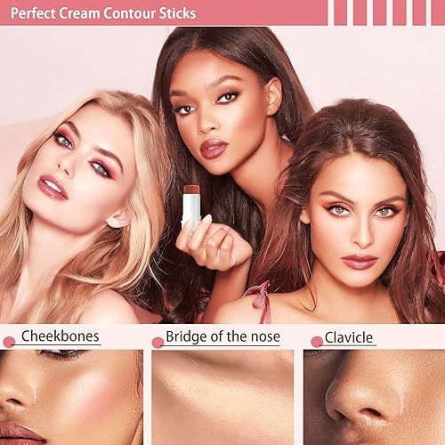 Miniatura 6 de 3 barras de contorno en crema, tonos con iluminador, rubor y crema bronceador, cosméticos faciales impermeables y duraderos, barras de maquillaje