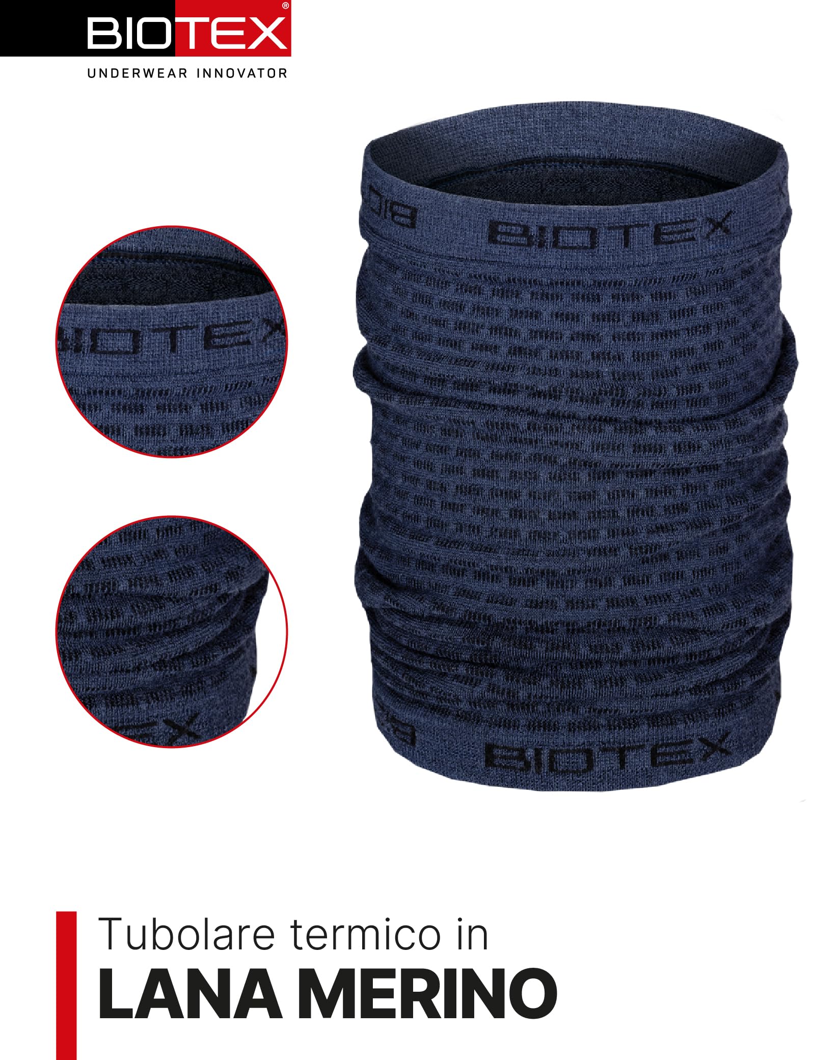 BIOTEX Tubulaire mérinos multifonction thermique en laine, idéal pour l'hiver, cache-cou pour tous les sports, sous-vêtements techniques sportifs