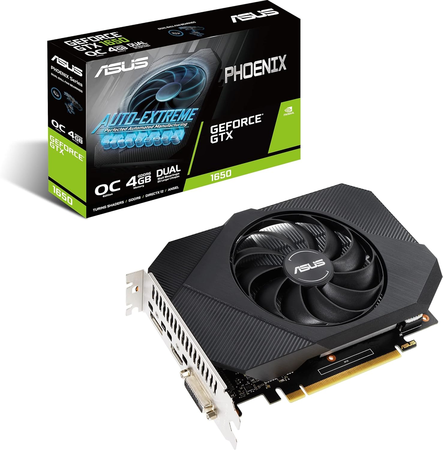 ASUS Phoenix NVIDIA GeForce GTX 1650 V2 OC Edition Scheda Video Gaming, GDDR6 4GB, PCIe 3.0, HDMI, DisplayPort, DVI-D, Cuscinetti a Doppia Sfera Ventola, Auto-Extreme, Nero ASUS Phoenix NVIDIA GeForce GTX 1650 V2 OC Edition Scheda Video Gaming, GDDR6 4GB, PCIe 3.0, HDMI, DisplayPort, DVI-D, Cuscinetti a Doppia Sfera Ventola, Auto-Extreme, Nero
