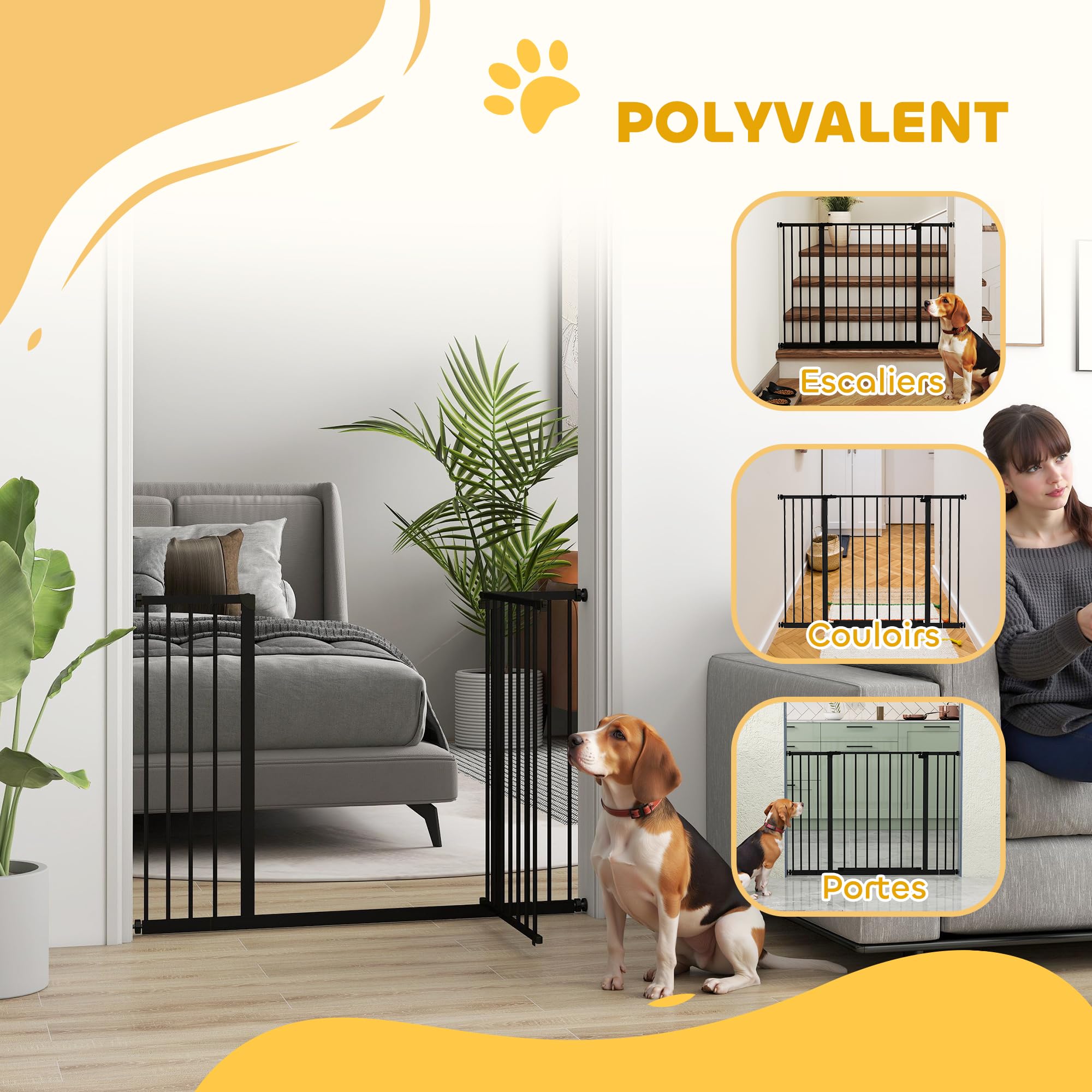 PawHut Barrière de sécurité longueur réglable 76-82 / 86-97 / 101-107 cm hauteur 76 cm sans perçage métal plastique noir