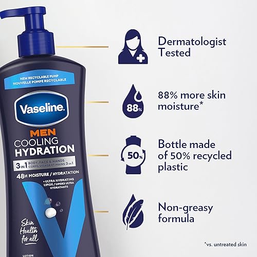 Miniatura 4 de Vaseline Hidratación refrescante para hombres, loción facial 3 en 1, manos y cuerpo para hombres para piel seca con mentol y lípidos