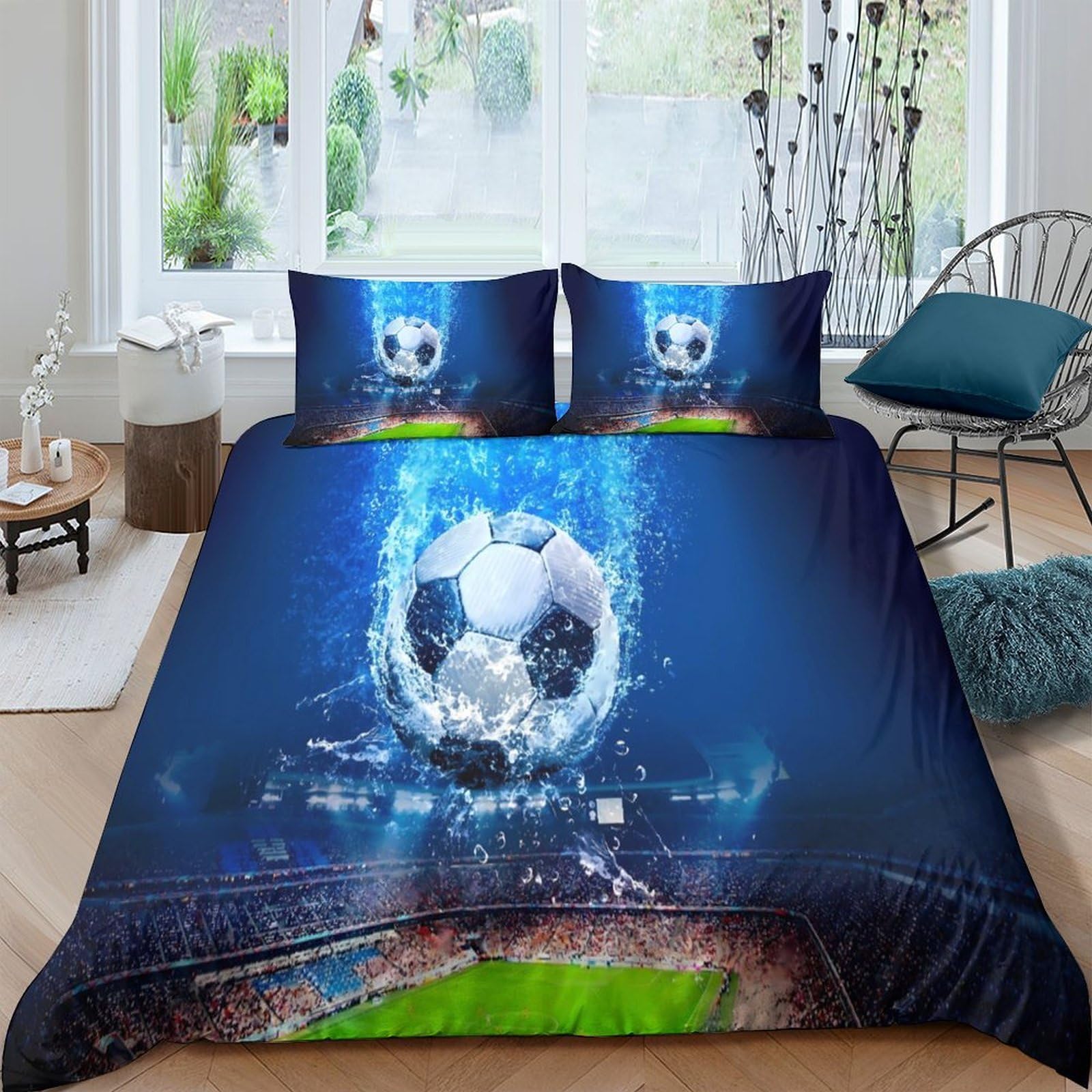 Ctjqhvkz Style-1 3D Printed Soccer Stadium Fitted Sheet Microfiber Soft Blue Water Splash Bed Sheet For Bedroom Dorm Mattress Decor Single（135X200cm）