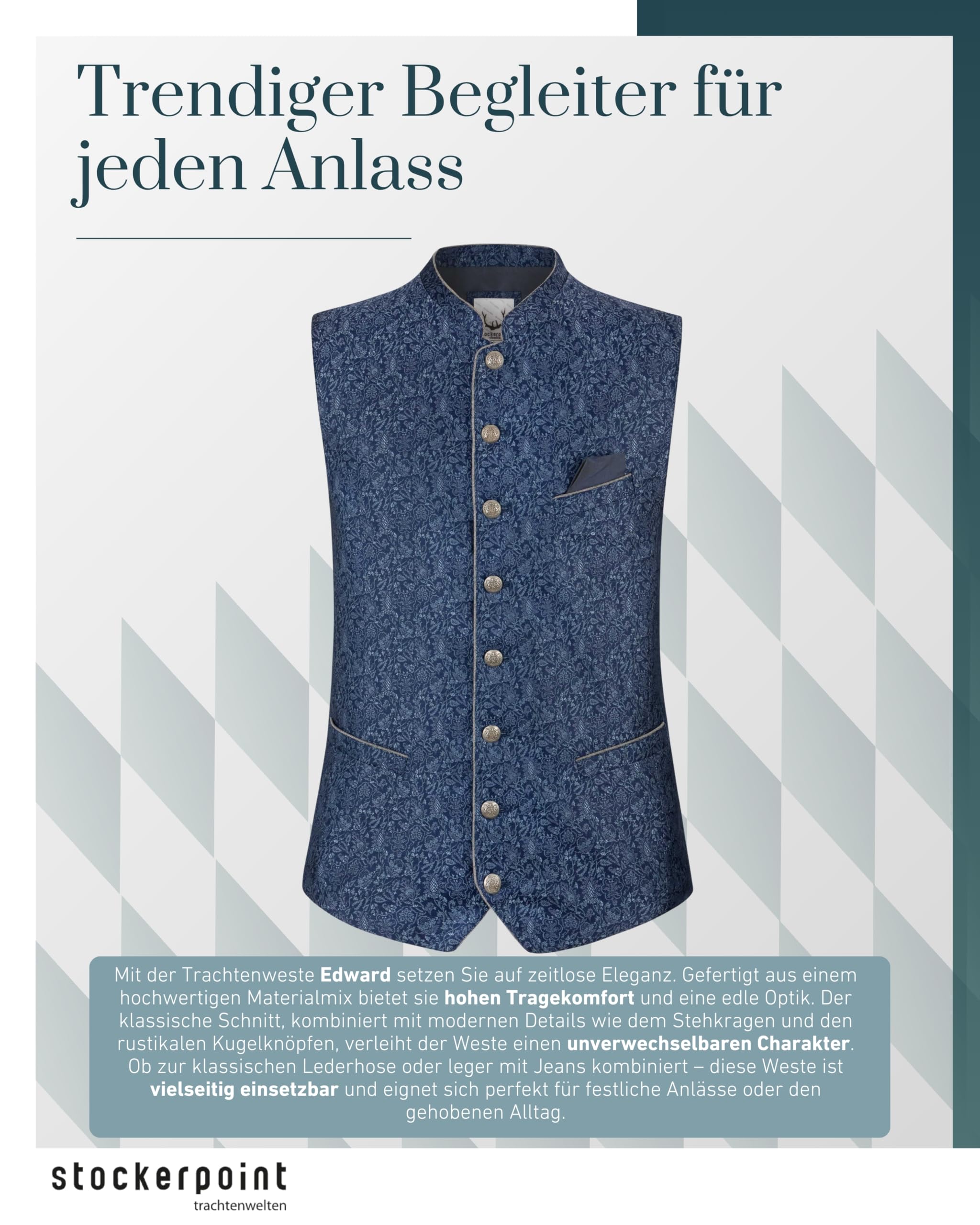 Stockerpoint Herren Trachtenweste Edward I Größe 46-60 I Traditionelle & hochwertige Weste mit verstellbarem Riegel I Perfekt für Trachten & Festlichkeiten