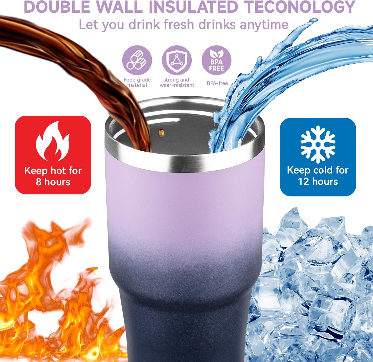 20oz Tumbler with Handle and Flip Straw Lid Double Wall Insulated Travel Coffee Mug Stainless Steel Vacuum Coffee Tumbler Cup for Hot and Cold Drinks Leak-proof&BPA-free(20oz,Light purple Navy blue) - Image 4