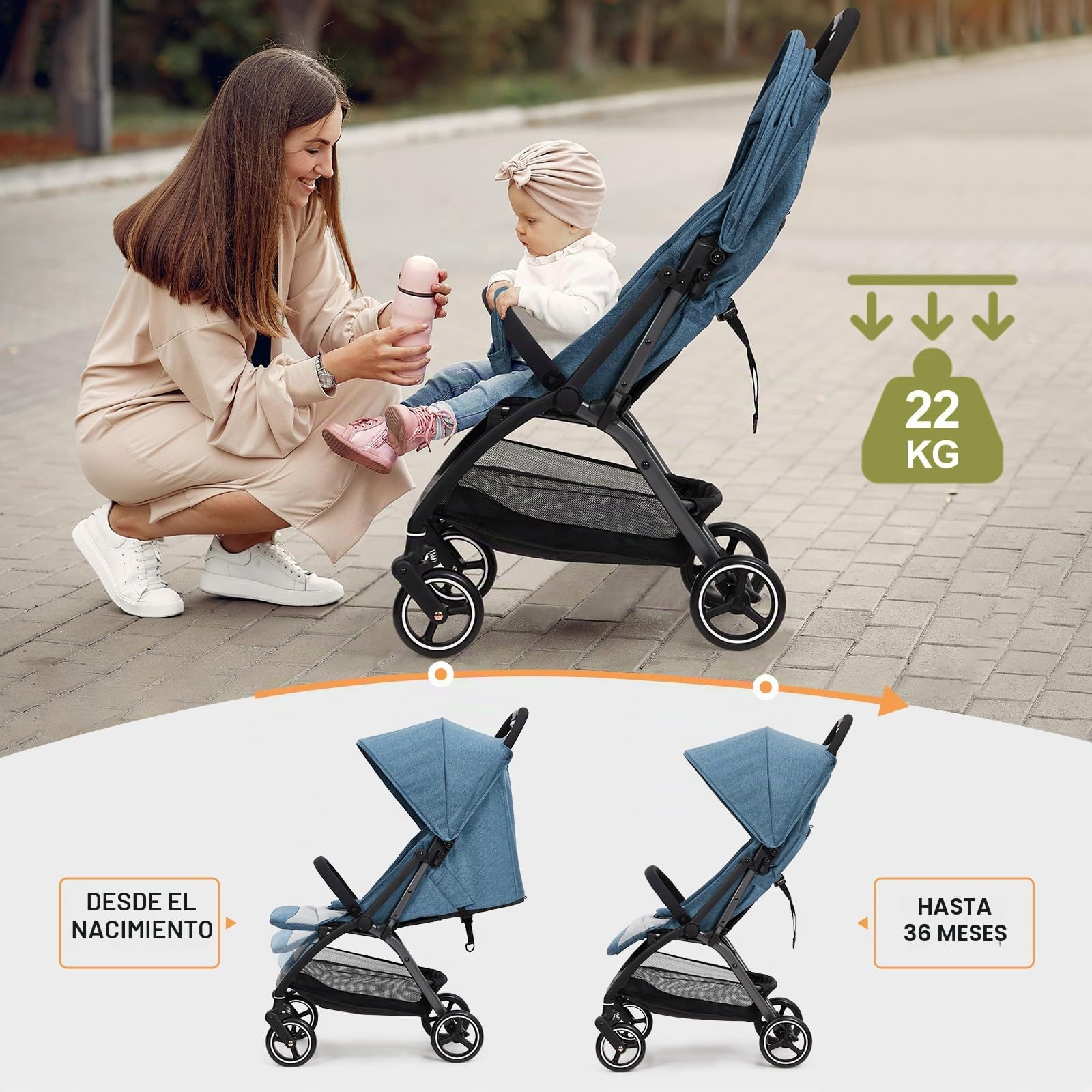 GarveeHome Cochecito de bebé plegable - Respaldo regulable hasta 175° - Ruedas EVA con amortiguación - Hasta 22 kg - Arnés de 5 puntos - Cesta de almacenaje grande - baby stroller para todo terreno