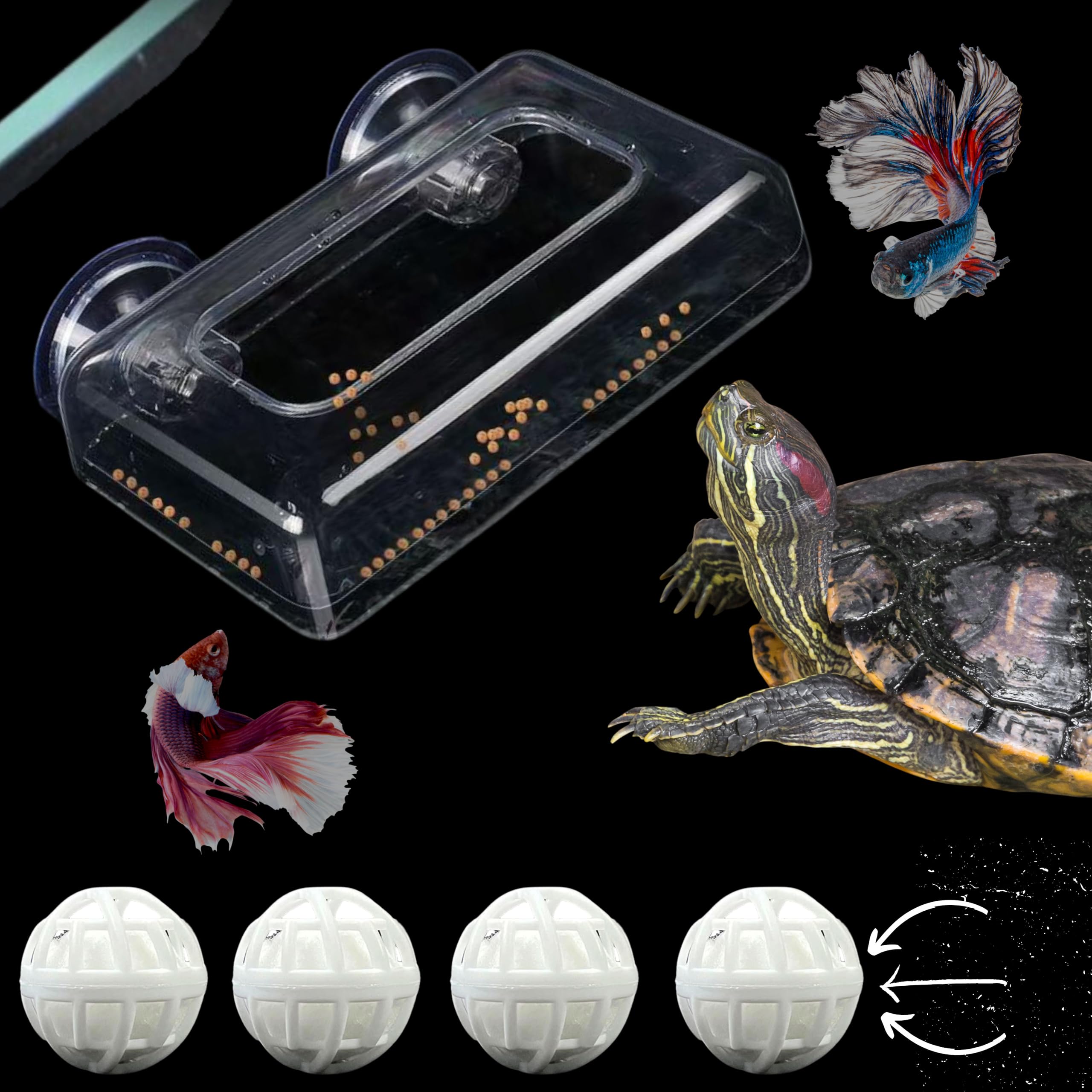 Acrylic Fish Feeding Box Ring for Turtle with Filter Ball Set, Fish Feeder Ring and Nitrifying Ball, Betta Feeding Floating, Turtle Enrichment Toys, Floating Betta Food Holder (Clear, L)