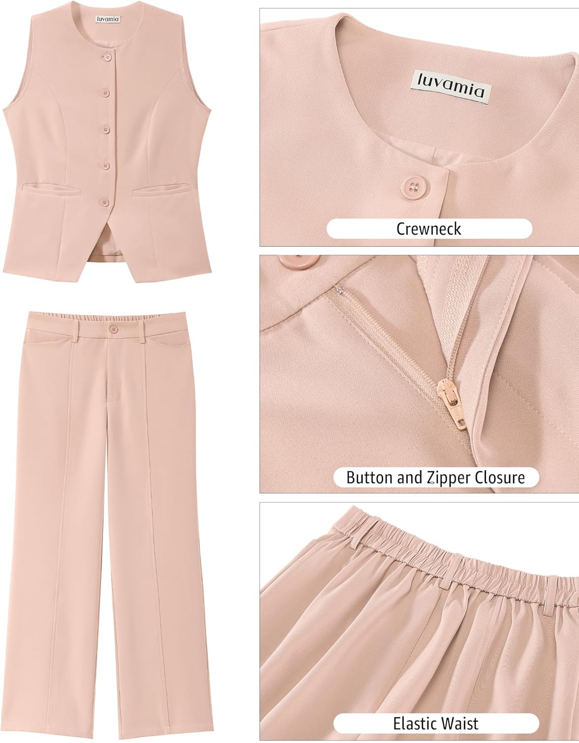 luvamia Vest Pants Suits for Women Dressy 2 Piece Business Casual Outfits Sleeveless Blazer Wide Leg Pants Pantsuit Sets - Image 5