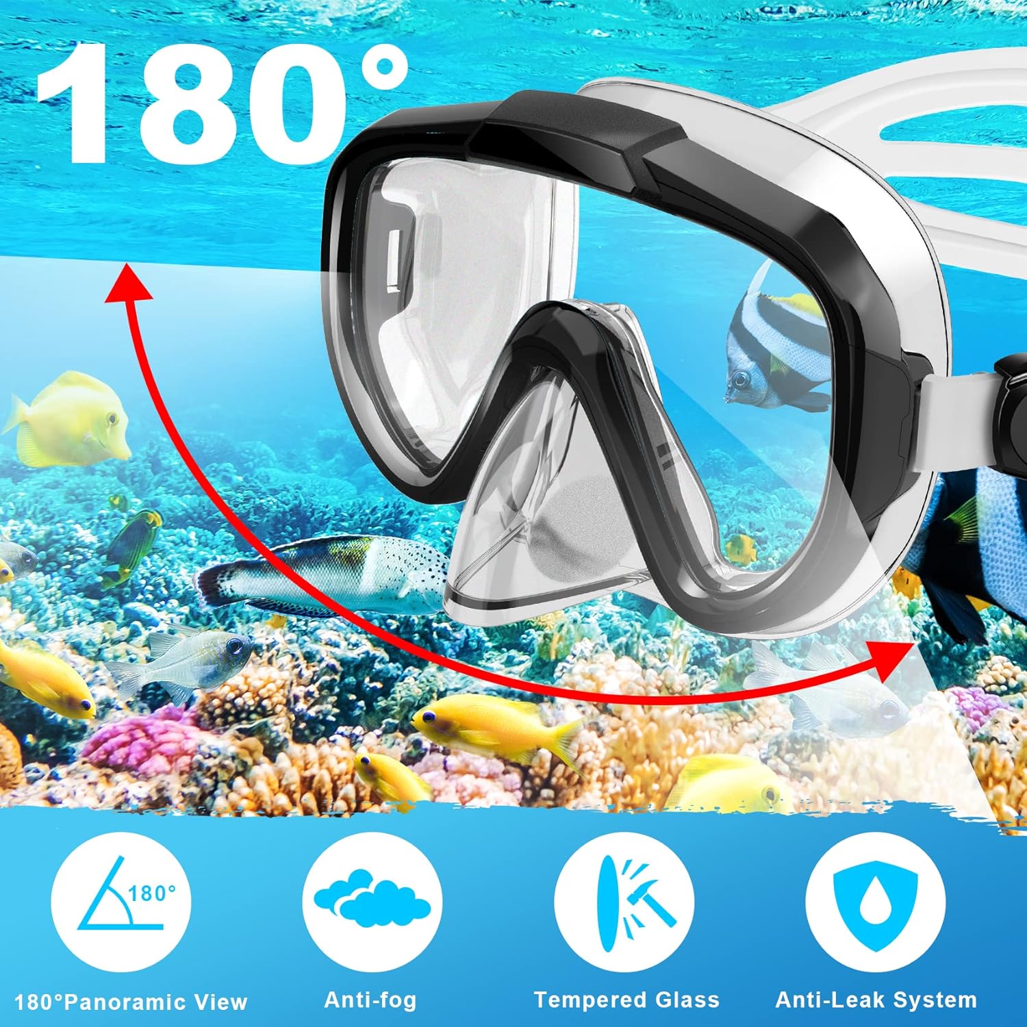 Snorkeling Gear for Adults, Dry Top Snorkel Set with Panoramic Anti-Leak and Anti-Fog Tempered Glass Lens, Adjustable Snorkeling Set for Scuba Diving Swimming Training Snorkel Kit - Image 2