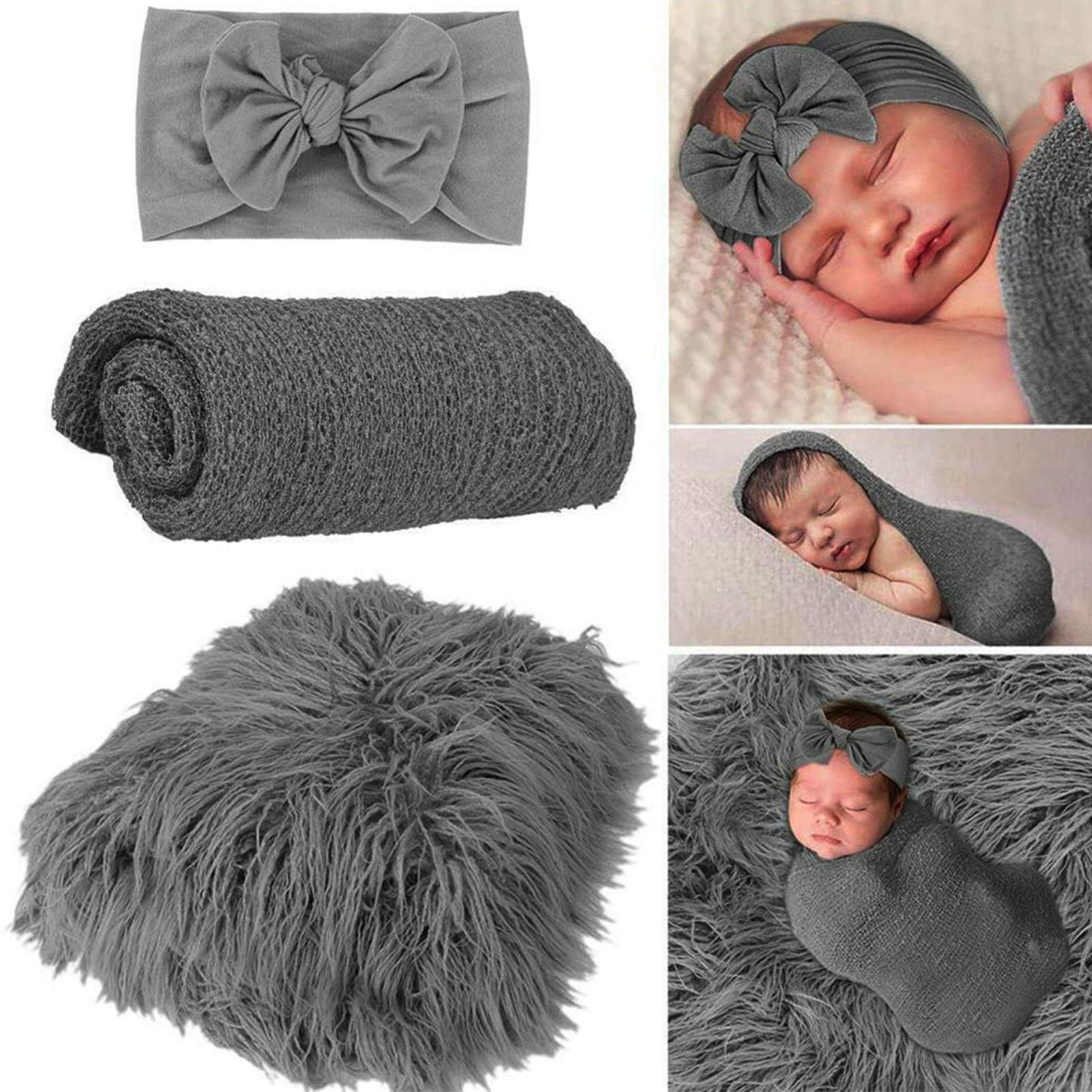 Kisbeibi 3pcs Newborn Photography Props Boys Girls Warm DIY Baby Photo Props Set Newborn Fluffy Wrap Blanket Photography Mat Photo Backdrops Infant Shower Gift