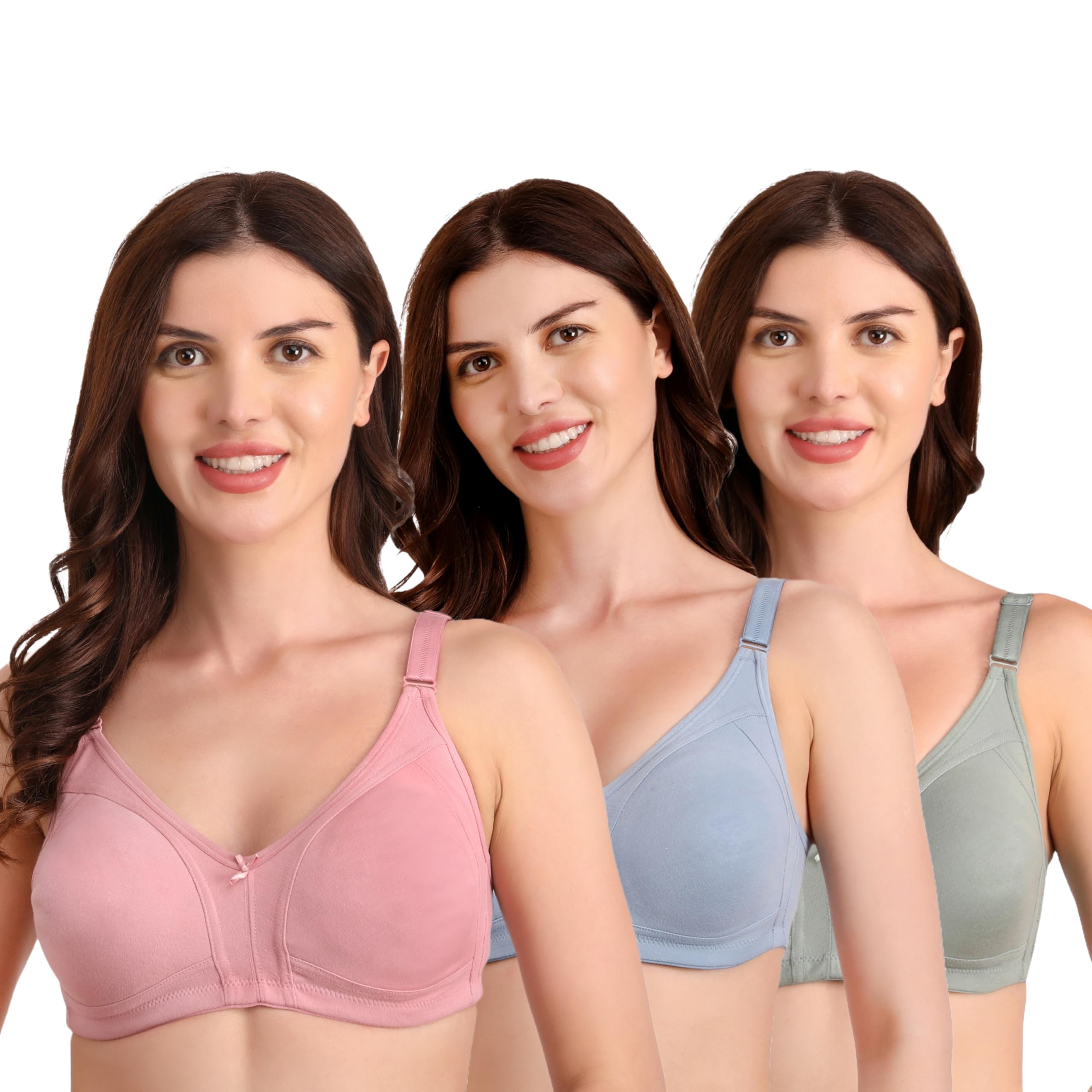 BELLA BEAUTY Women's Cotton Blend Non-Padded Non-Wired Full Coverage Regular Bra Comfort, Soft Cup, Comfortable Support - Comfortable Bra- Pack of 3 - Color - Grey,Green & Pink