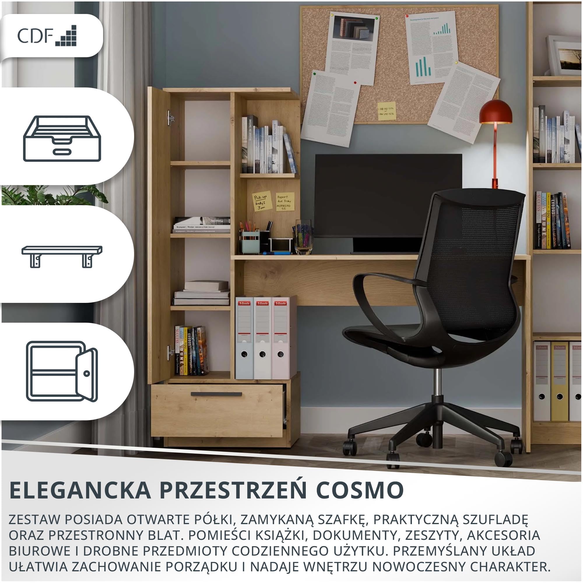 CDF Biurko z Regałem Szufladą 140cm 3 Półki Praca Zdalna Home Office Biurko Komputerowe Ergonomiczne Pokój Młodzieżowy Pokój Dziecięcy Sypialnia Gabinet PC Prowadnice Dąb Artisan Płyta Laminowana 16mm