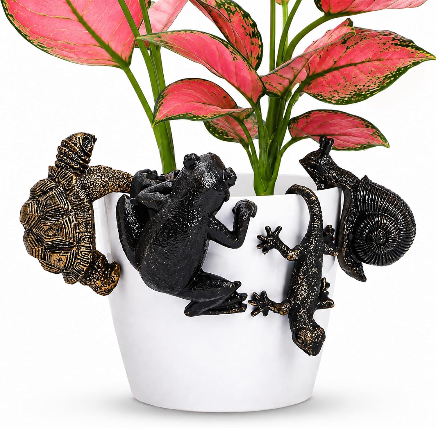 Set of 4 Cute Climbing Animal Flower Pot Hugger Figurines, Small Resin Hanging Frog Tortoise Snail Gecko Statue, Planter Pot Decoration for Home Garden Fence Balcony Patio Lawn Yard Ornaments