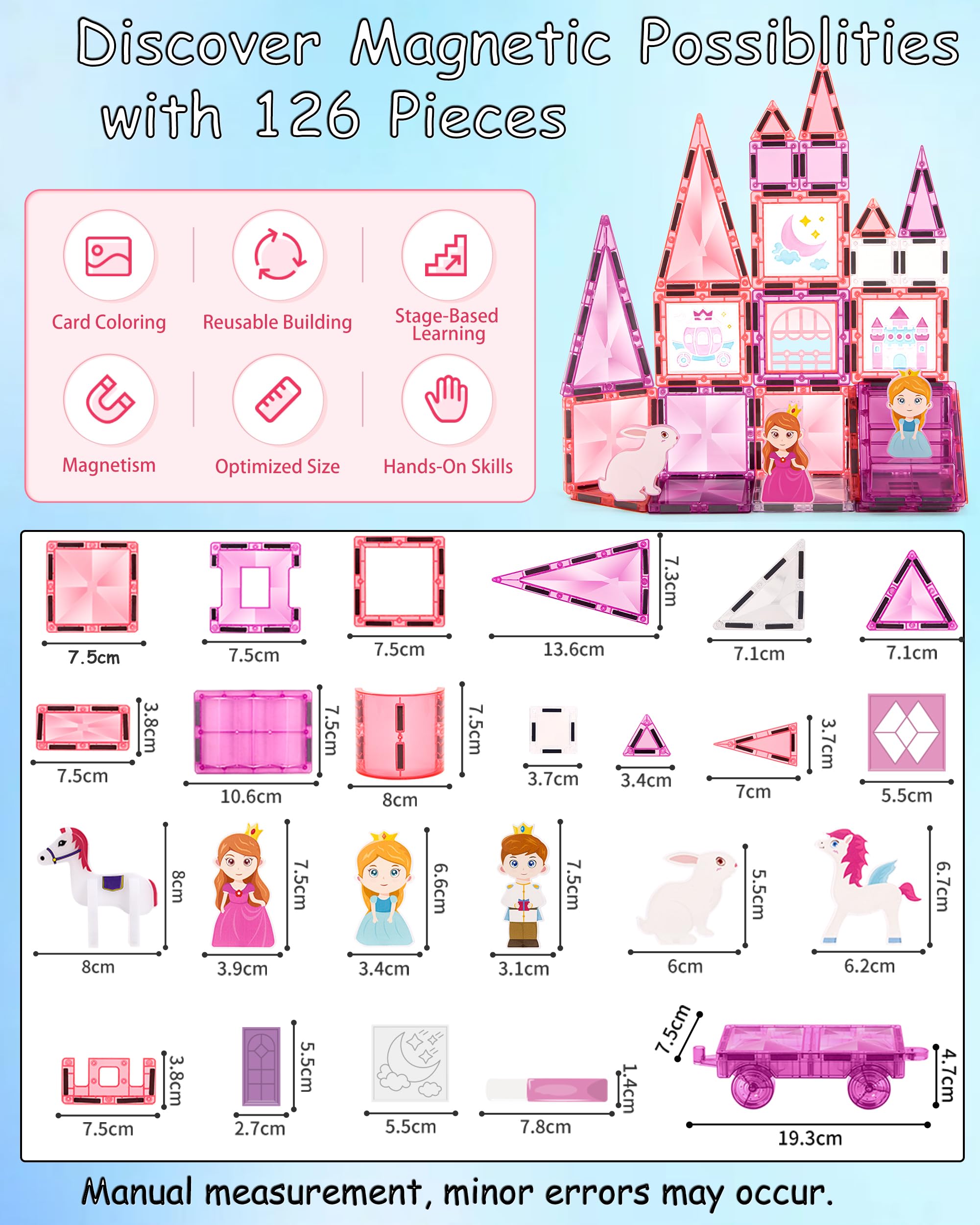 Piastrelle magnetiche in rosa, set da 126 pezzi, piastrelle magnetiche con matite e adesivi fai da te, giocattolo educativo STEM per bambini dai 3 anni in su