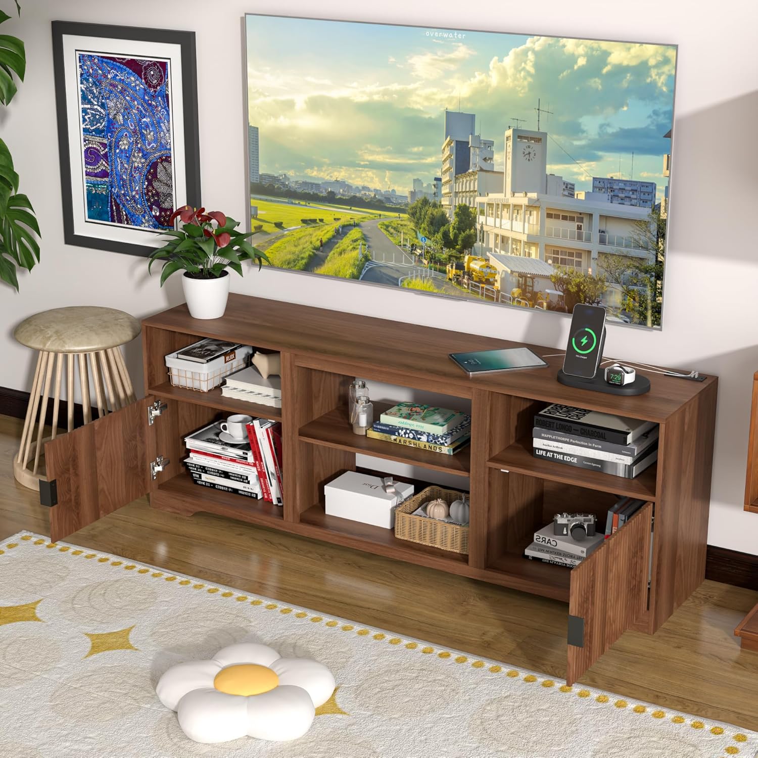 Fluted TV Stand for Tvs up to 80",Mid Century Modern TV Stand with Open Adjustable Shelf,Entertainment Center Wood TV Media Console with Cord Holes for Living Room Furniture Bedroom,Walnut