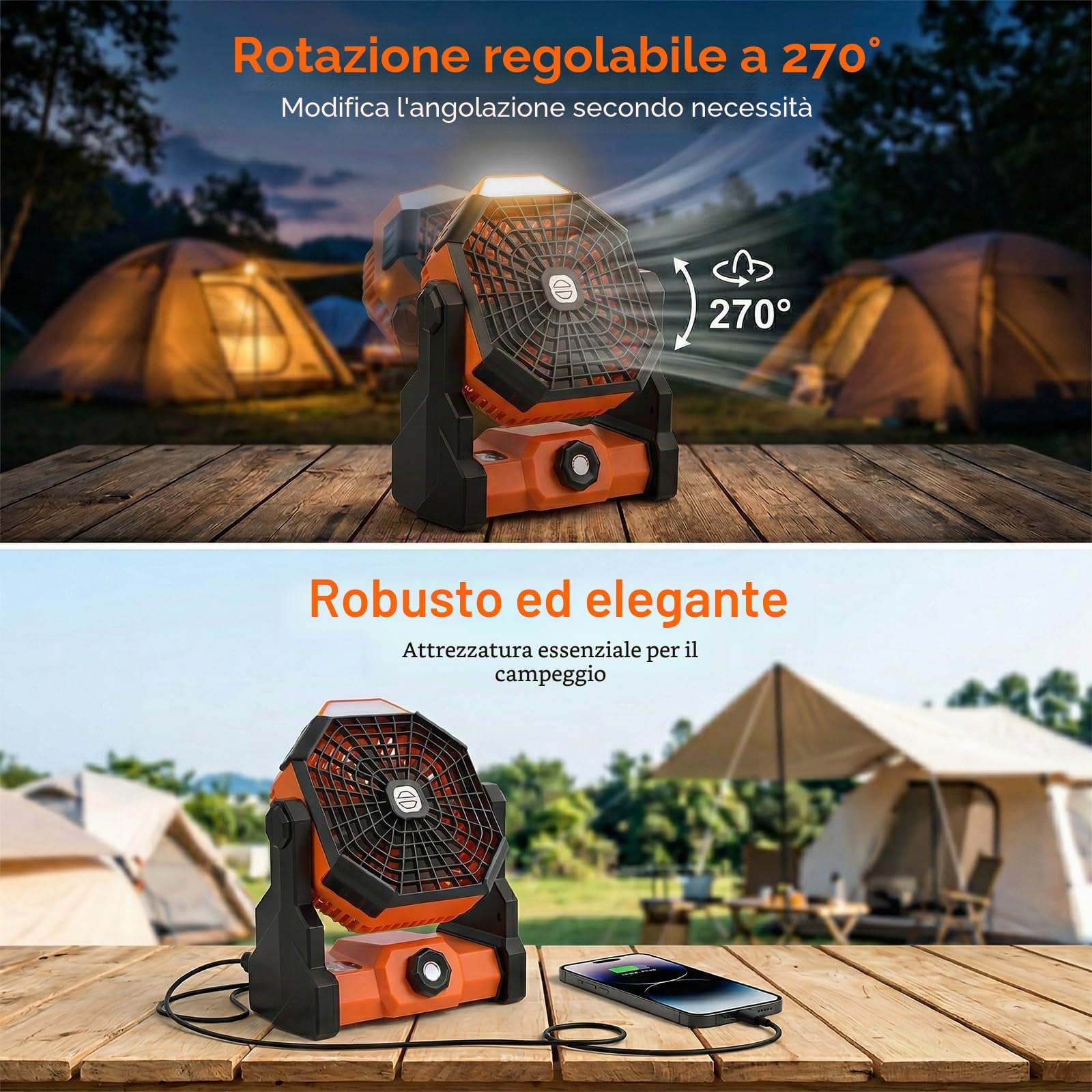 Qoosea Ventilatore da Campeggio 3 in 1 Ventilatore USB-C per Tenda 24000mAh Ricaricabile Ventilatore Portatile da Soffitto o da Scrivania con LED e Gancio per Esterno Pesca Auto Casa Ufficio BBQ