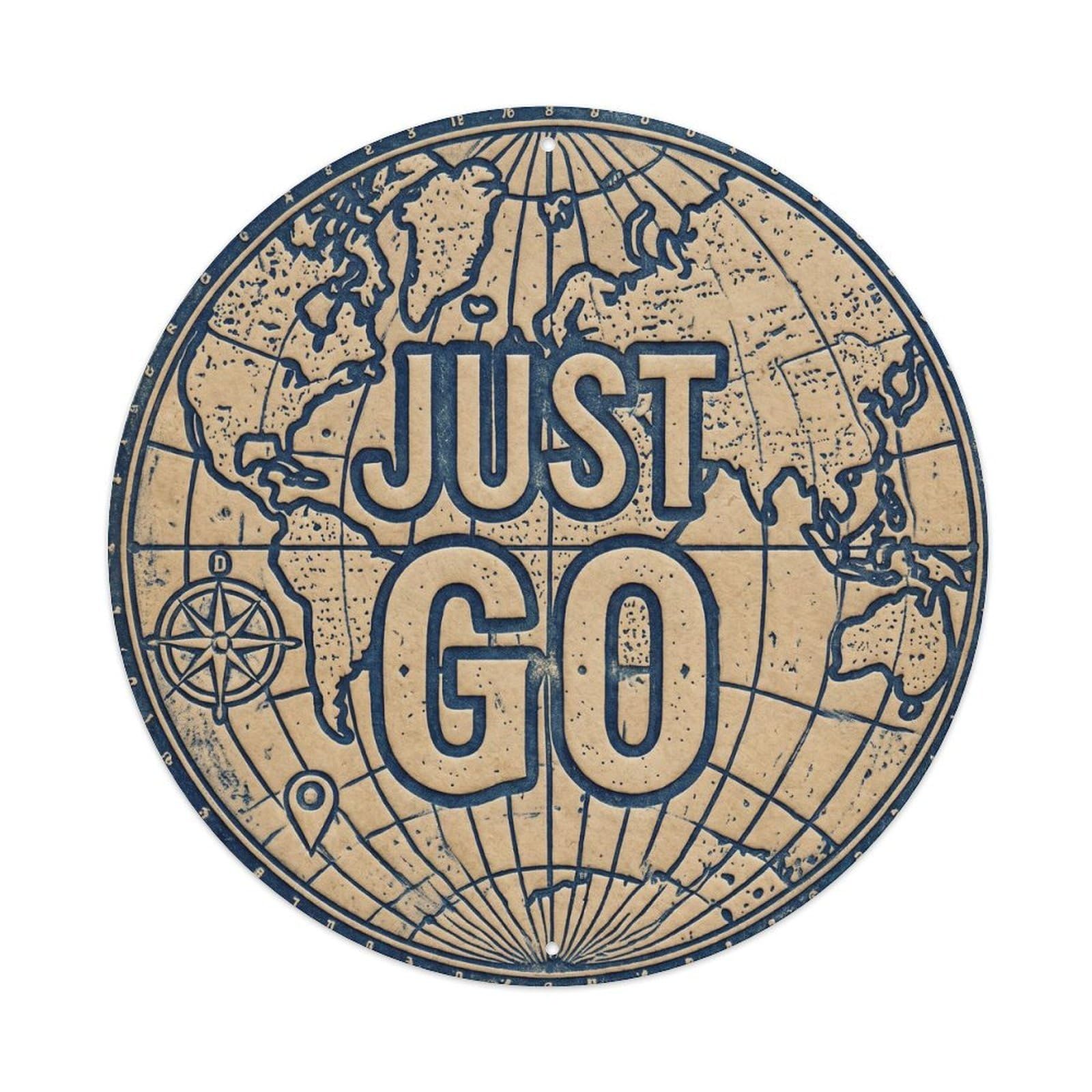 Vintage World Map with Compass Just Go Path Metal Tin Sign