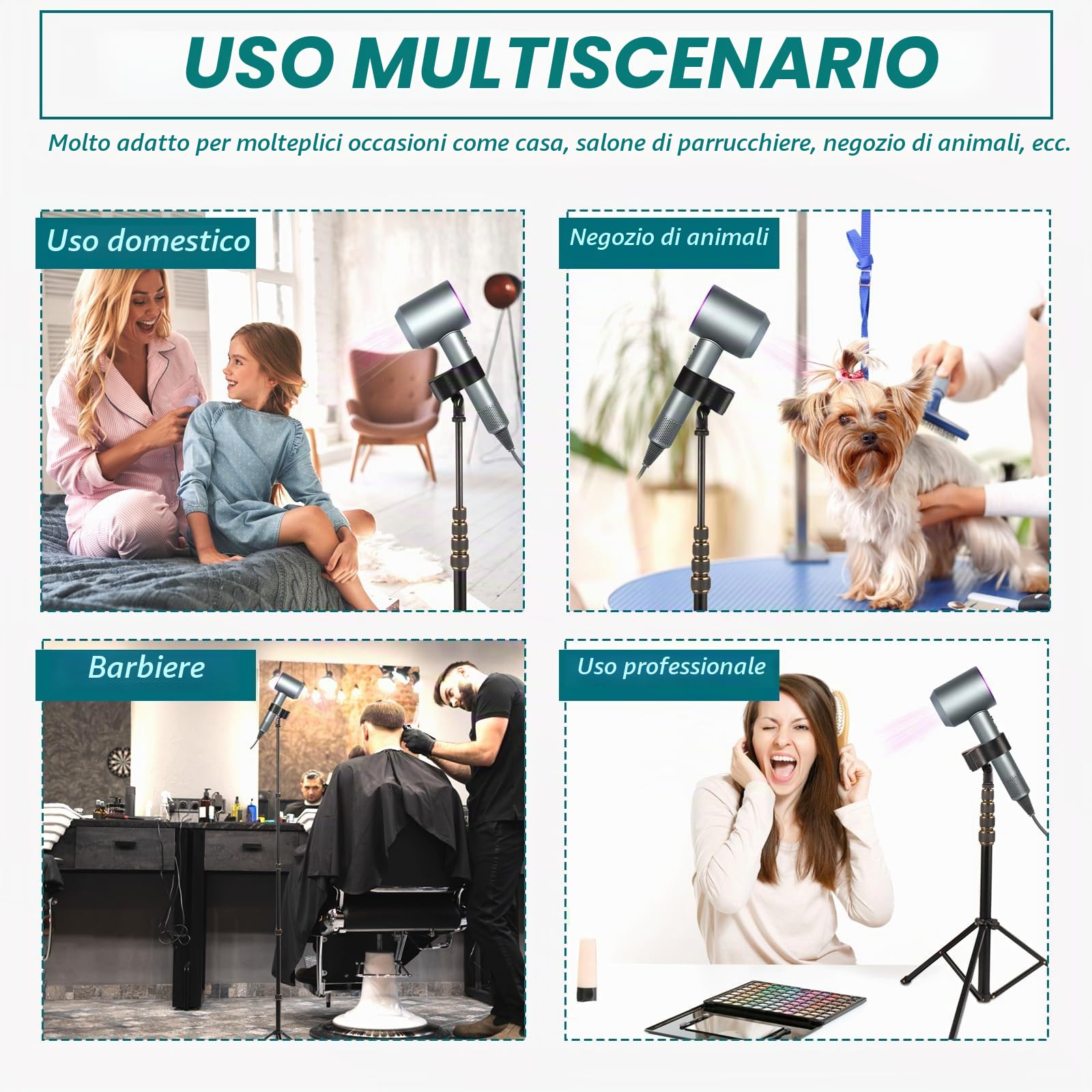 Supporto regolabile in lega di alluminio per asciugacapelli, 60-195 cm, treppiede regolabile con rotazione a 180 gradi, compatibile con strumenti di styling compatti (nero)