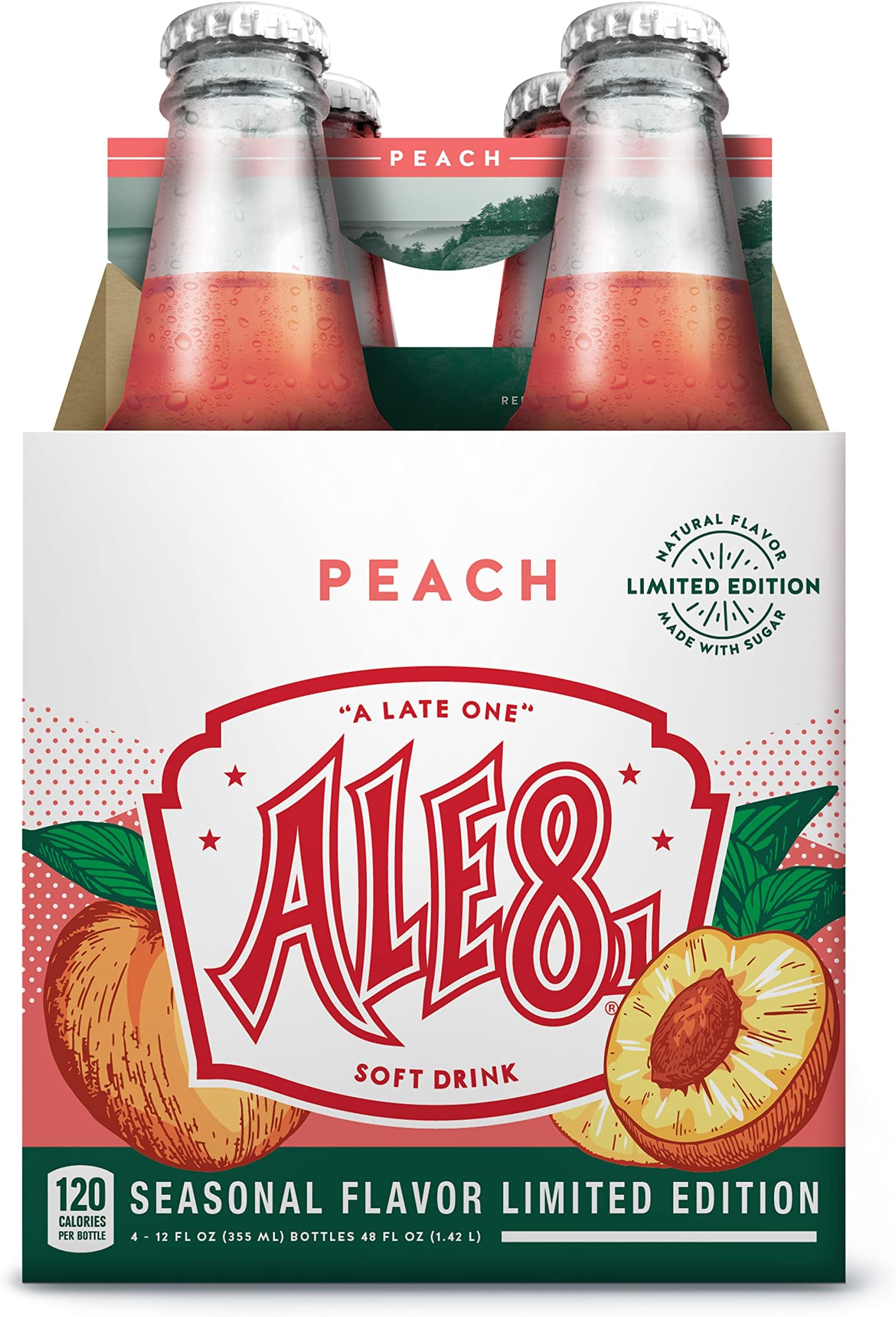 Ale 8 One Peach, Glass Bottles, 12 ounces, Pack of 4, 100% Kentucky Soft Drink