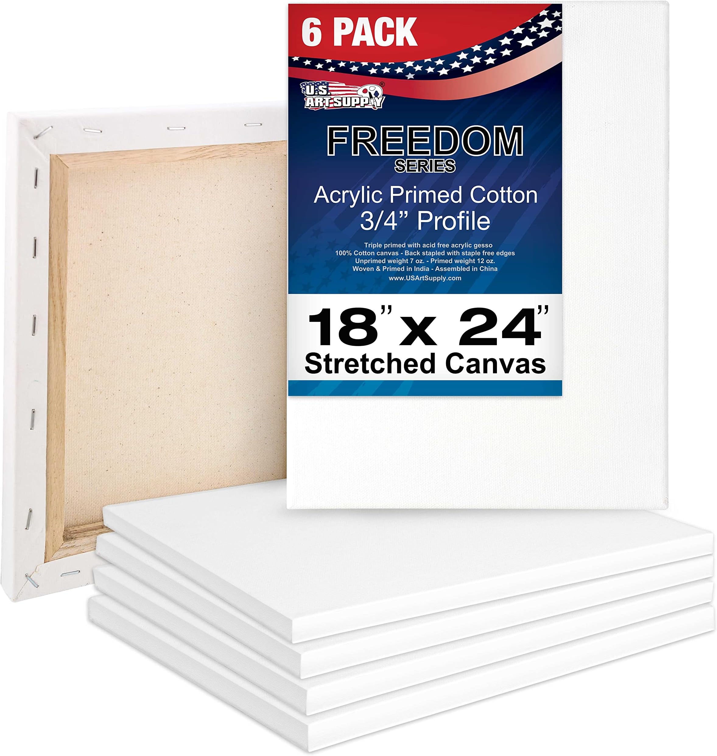 U.S. Art Supply 18 x 24 inch Stretched Canvas 12-Ounce Primed 6-Pack - Professional White Blank 3/4" Profile Heavy-Weight Gesso Acid Free Bulk Pack - Painting, Acrylic Pouring, Oil Paint