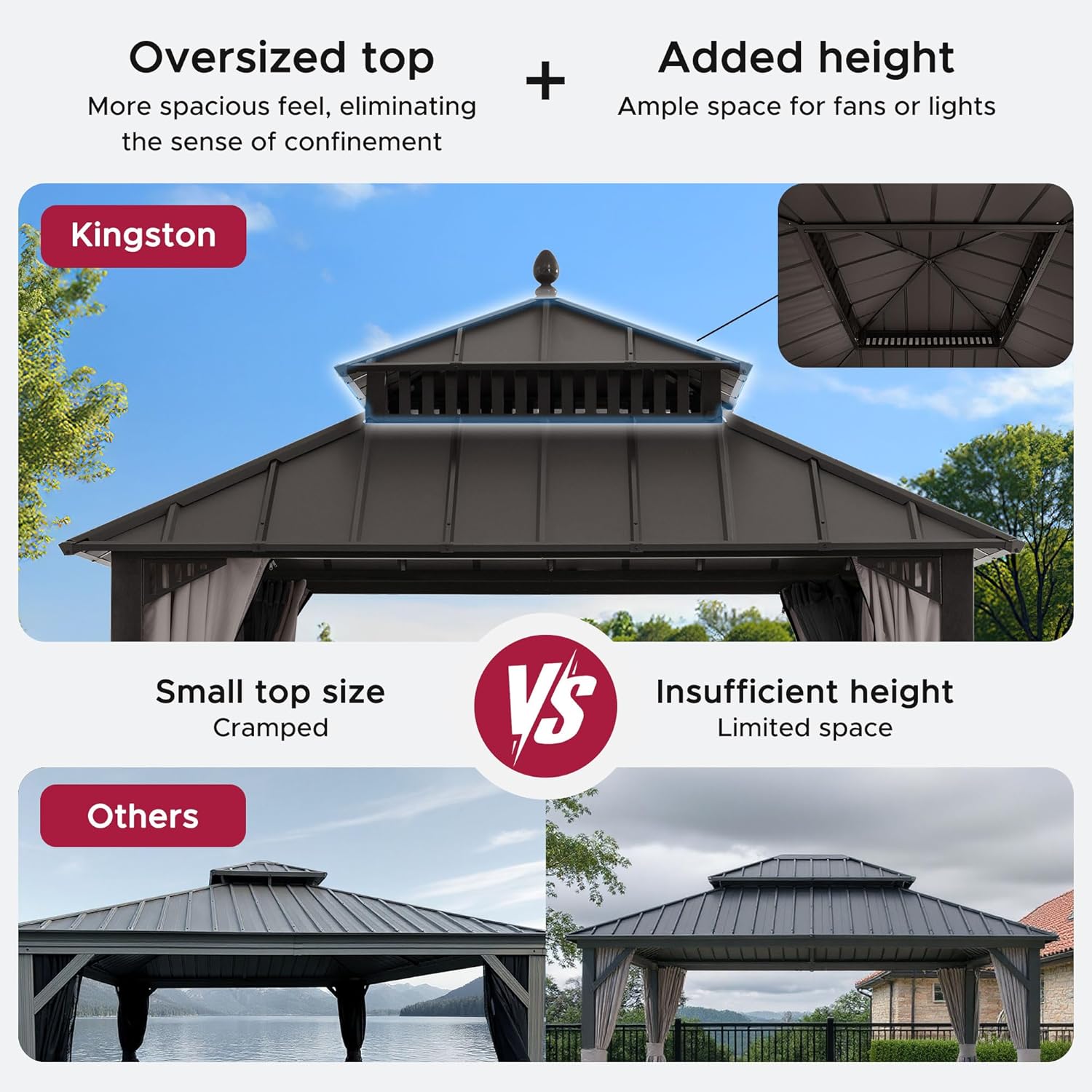 SUNJOY Kingston 10' x 10' Hardtop Gazebo with Galvanized Steel Double Roof, Curtain and Netting, Brown Aluminum Posts Permanent Pavilion Gazebo for Garden, Patio, Deck, Lawn