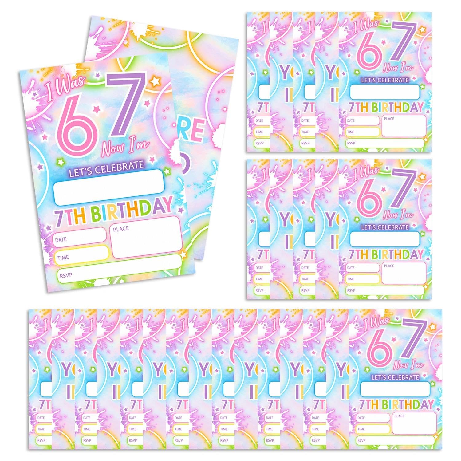 25PCS Mixed Color 7th Party Invitations, Birthday Invitations for Girls