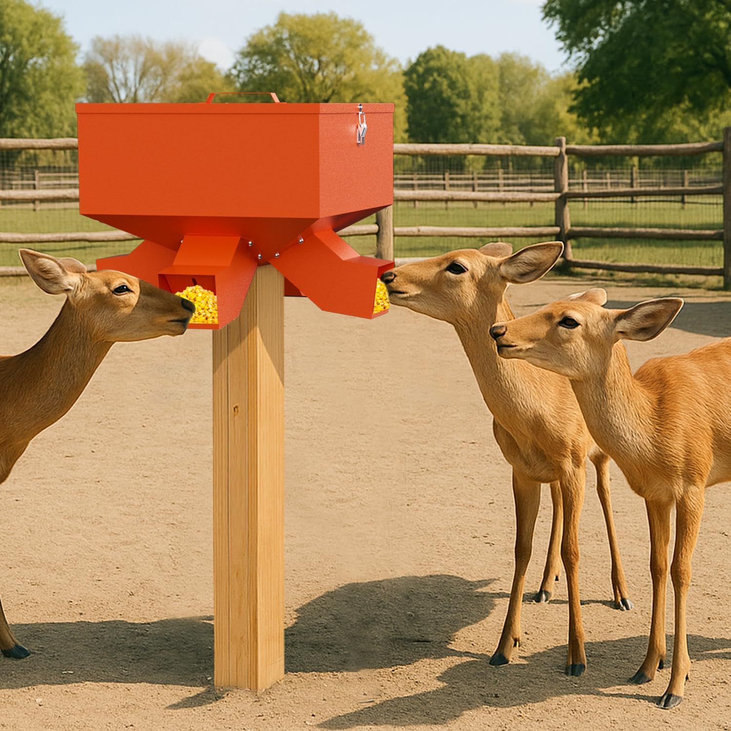 Portable 80LB Gravity Deer Feeder, Heavy Duty Metal Wildlife Feeder with 4 Feeding Ports, Weatherproof for Hunting & Backyard Game