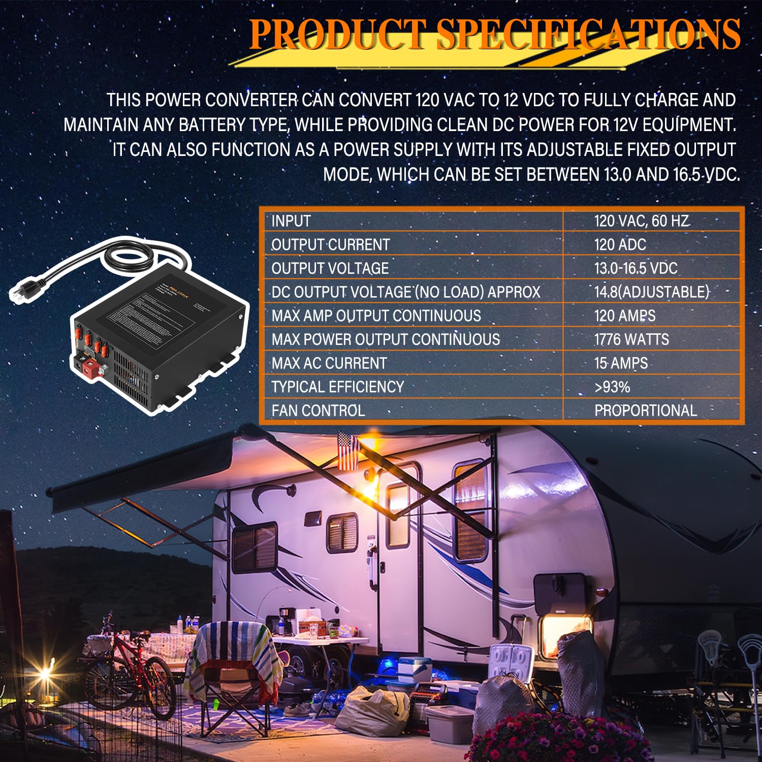RV Converter 55Amp RV Power Converter Built-in 4 Stage Smart Battery Charger For 110VAC To 12VDC RV Power Converters, Fully Adjustable Output From 13V To 16.5V
