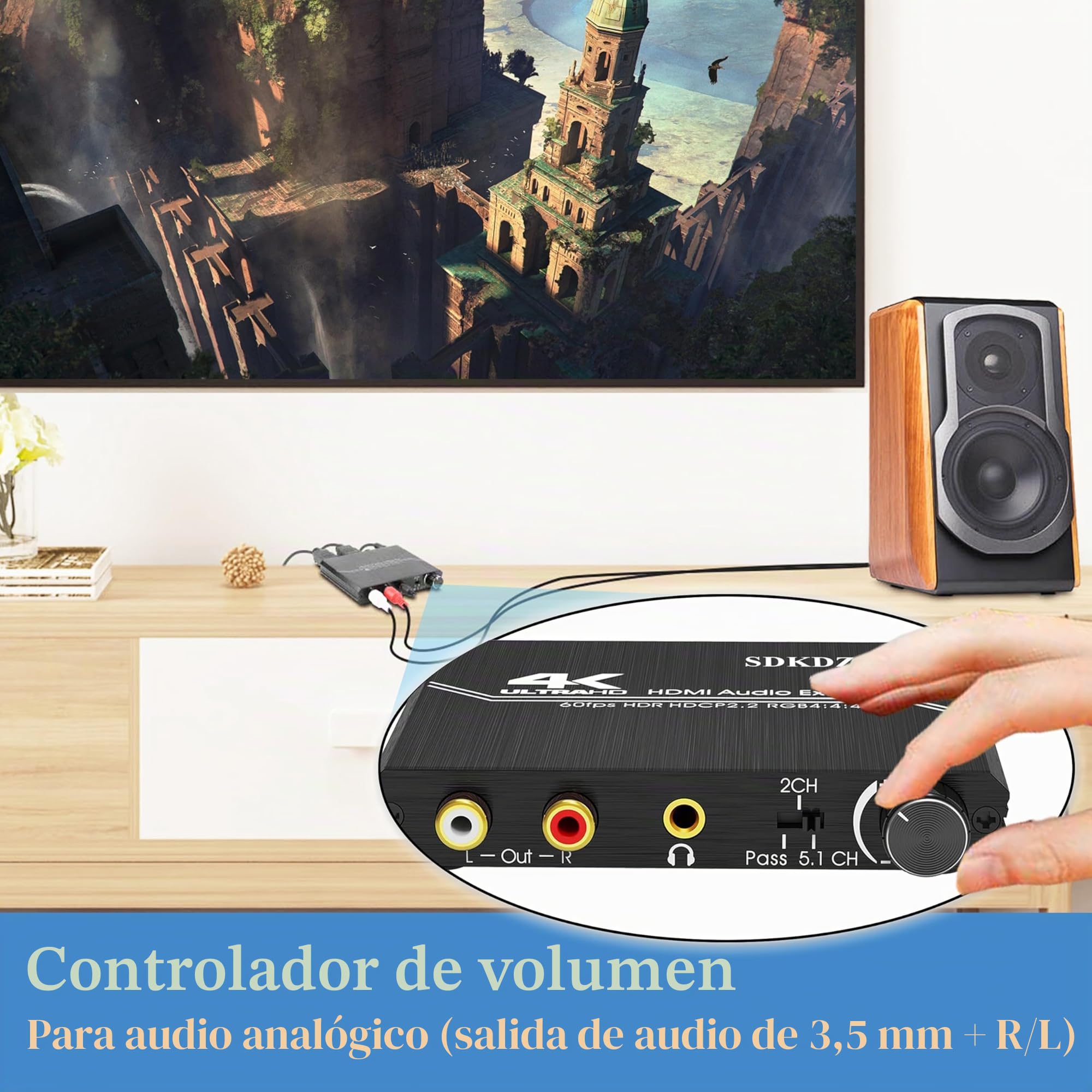 HDMI 2.0 Convertidor de Audio, HDMI Óptico Toslink SPDIF 3.5mm Estéreo RCA L/R Salida de Audio Extractor, Control Volumen, Compatible 4K@60Hz HDCP 2.2 HDR 3D YUV 4:4:4, para PS4/5 Blu-ray