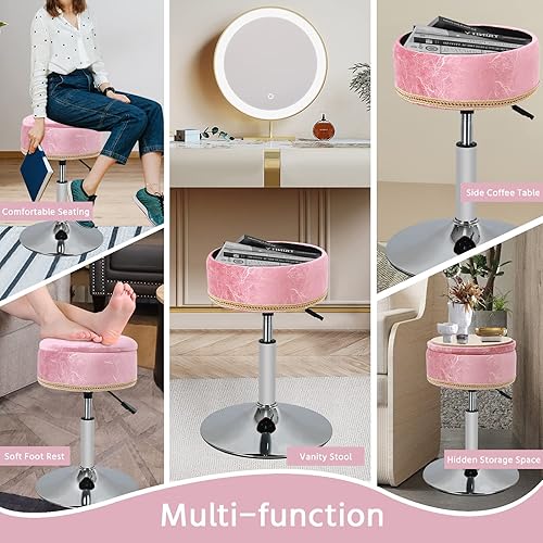 Miniatura 6 de Otomana redonda de almacenamiento, silla giratoria de 360 grados con almacenamiento, taburete de altura ajustable para sala de maquillaje, con patas