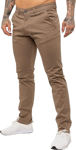 Enzo Mens Designer Skinny Slim Fit Chinos Super Stretch Trousers Pants EZ348 Beige 32 Regular