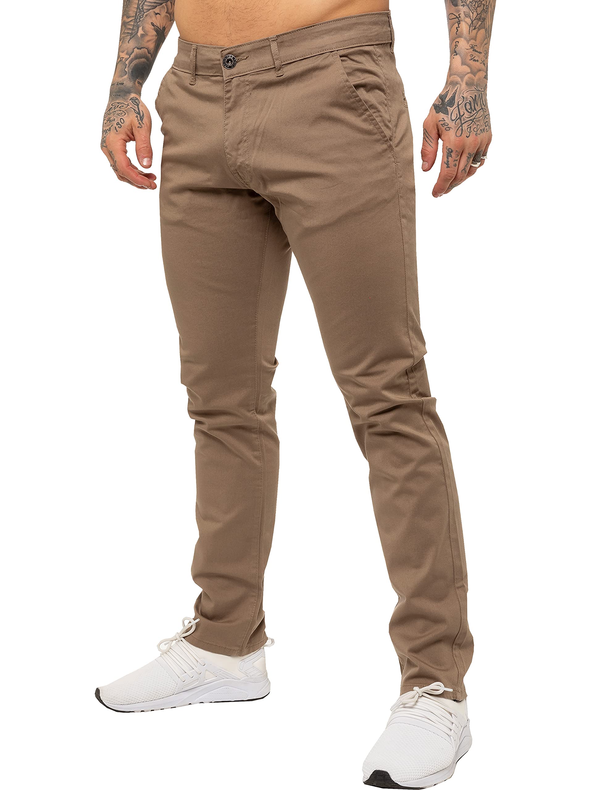 Enzo Mens Designer Skinny Slim Fit Chinos Super Stretch Trousers Pants EZ348 Beige 34 Short
