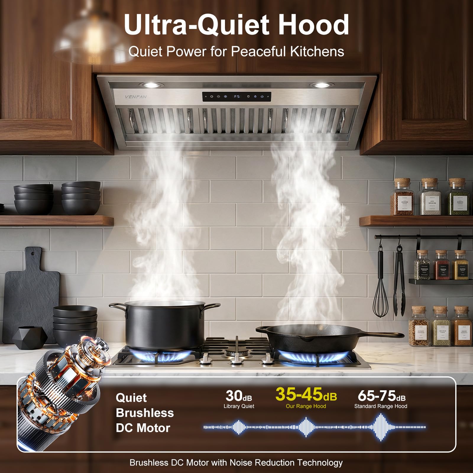 VENFAN 36 Inch Range Hood Insert, 1200 CFM Ultra Quiet Kitchen Vent Hood, Gesture & Touch Control, Ducted/Ductless Convertible, Stainless Steel with Memory Function - 3