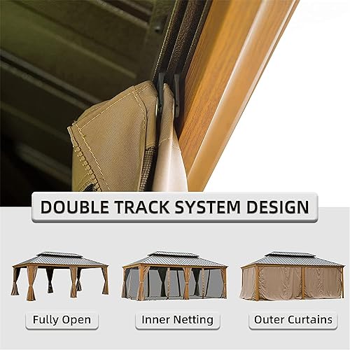 Miniatura 3 de UBGO Gazebo de techo rígido de 12 x 20 pies, pabellón permanente para exteriores con cortinas y redes, kioscos de grano de madera de aluminio para