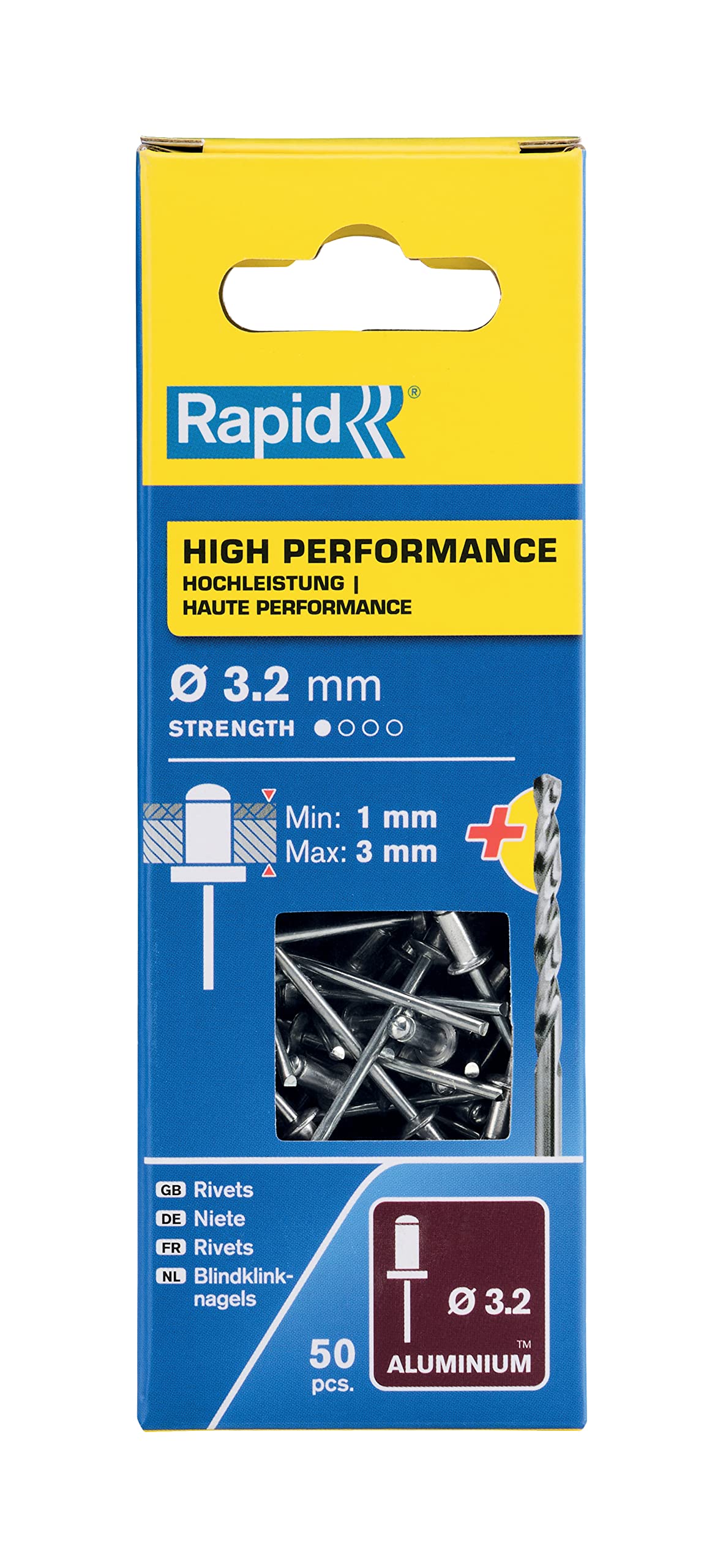 Rapid High Performance Aluminium Rivets, diameter 3.2 x 6 mm, 3.2mm Rivets for Mudguards Metal and Plastic Covering, Signage