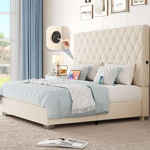 YITAHOME King Bed Frame with 53" Tall Headboard,Upholstered Platform Bed with USB & USB-C & Button Tufted Velvet Headboard,No Box Spring Needed,Noise-Free (Beige, King)