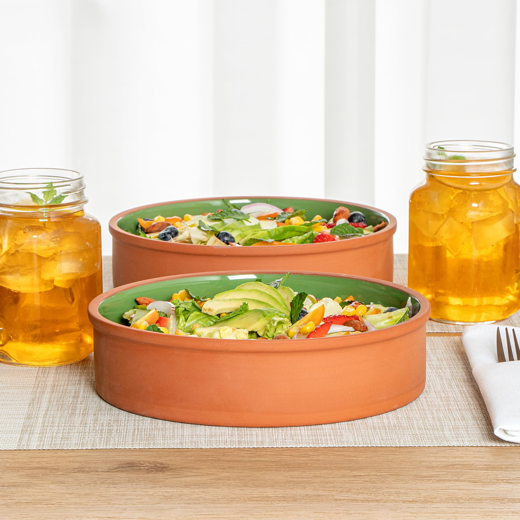 Restaurantware -Terra Tek - Cazuelas in terracotta da 1,5 l, 2 pentole in terracotta smaltata verde per cucinare, pronte per il forno, microonde, pentole in terracotta, lavabili in lavastoviglie, per