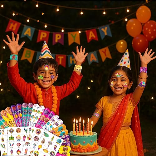 72PCS Diwali Party Set - 48PCS Temporary Tattoos & 24PCS Slap Bracelets - Festival Happy Indian -Themed Birthday Supplies, Baby Shower Gifts, Classroom Rewards & Party Decor for Kids