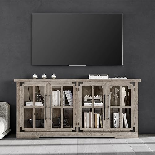 Miniatura 4 de AMERLIFE Aparador de buffet de 63 pulgadas con almacenamiento, gabinete moderno de granja con 4 puertas de vidrio y estante ajustable, armario de