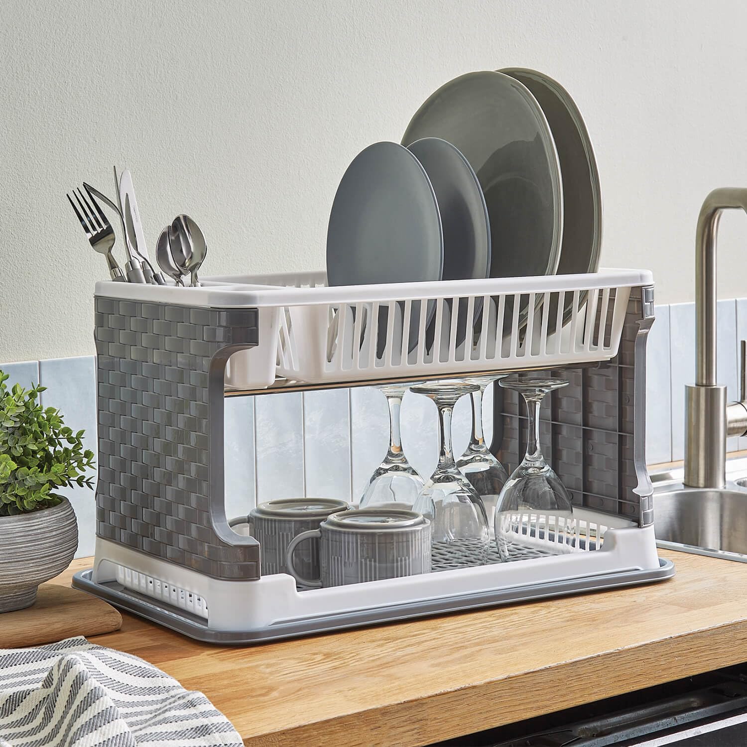 Coopers of Stortford - 2 Tier Dish Drainer Rack with Cutlery Holder and Drip Tray - Kitchen Plate and Cup Drying Stand - Easy Clean Plastic Design