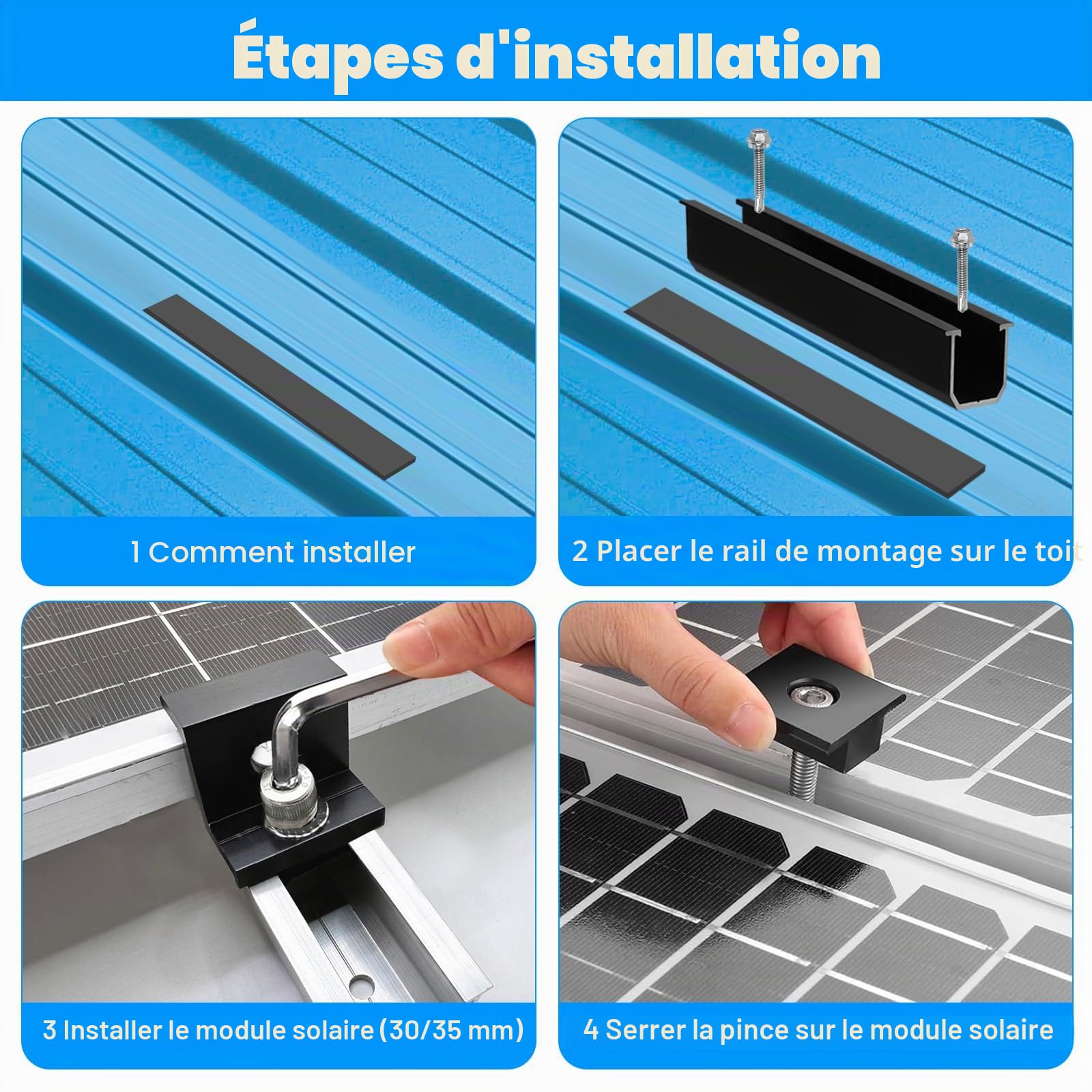 Support de Panneau Solaire pour 2 Modules, Rails Profilés en Aluminium de 12cm + Pince Réglable pour Modules de 30 à 35mm D'épaisseur, Kit de Montage pour Toit Plat, Trapézoïdal, Toit en Tôle