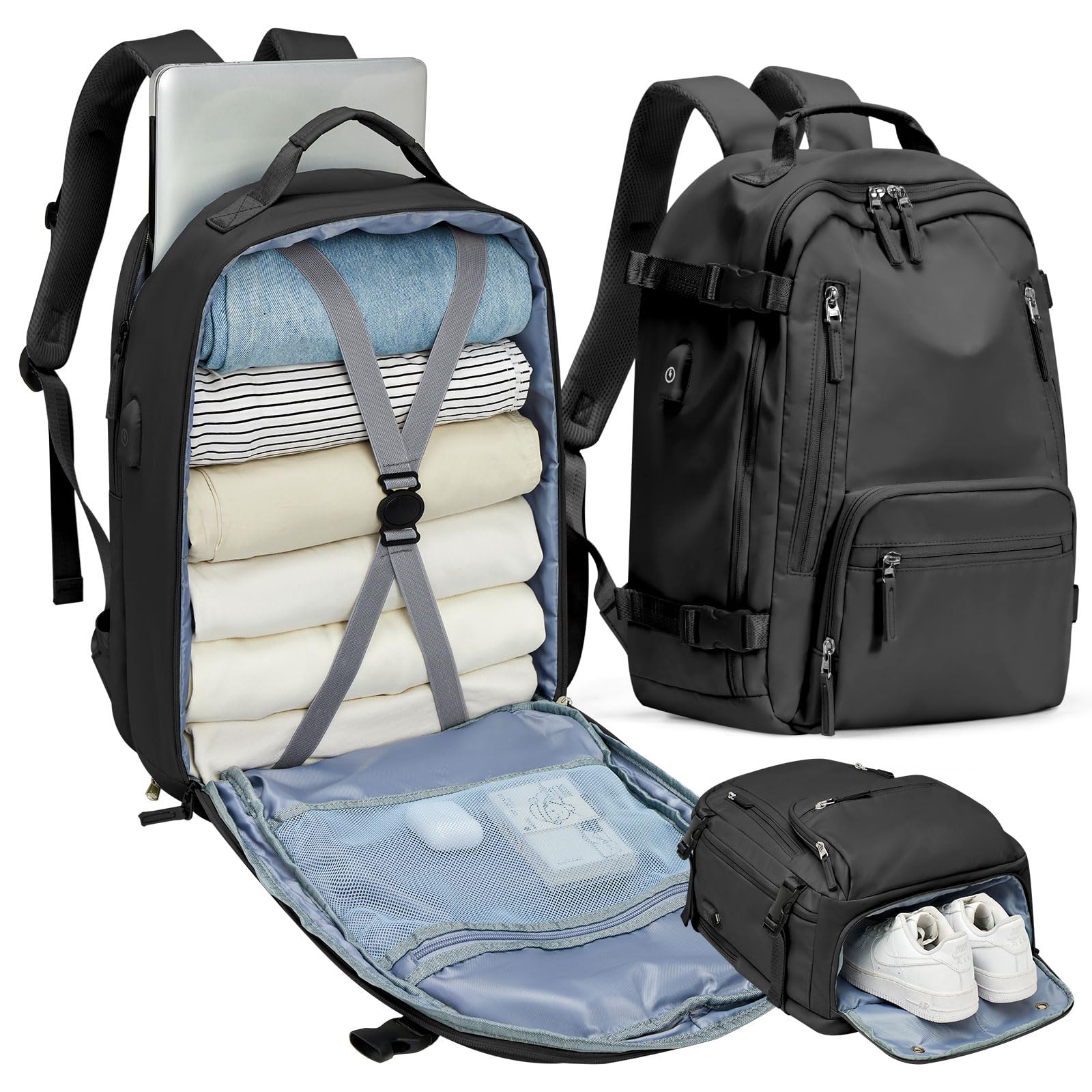 BJLFS Travel Backpack for Women Men, Carry On Backpack with USB Charging Port & Shoe Pouch, TSA 15.6inch, Flight Approved, College Nurse Bag Casual Laptop Daypack for Weekender Business Hiking,Black