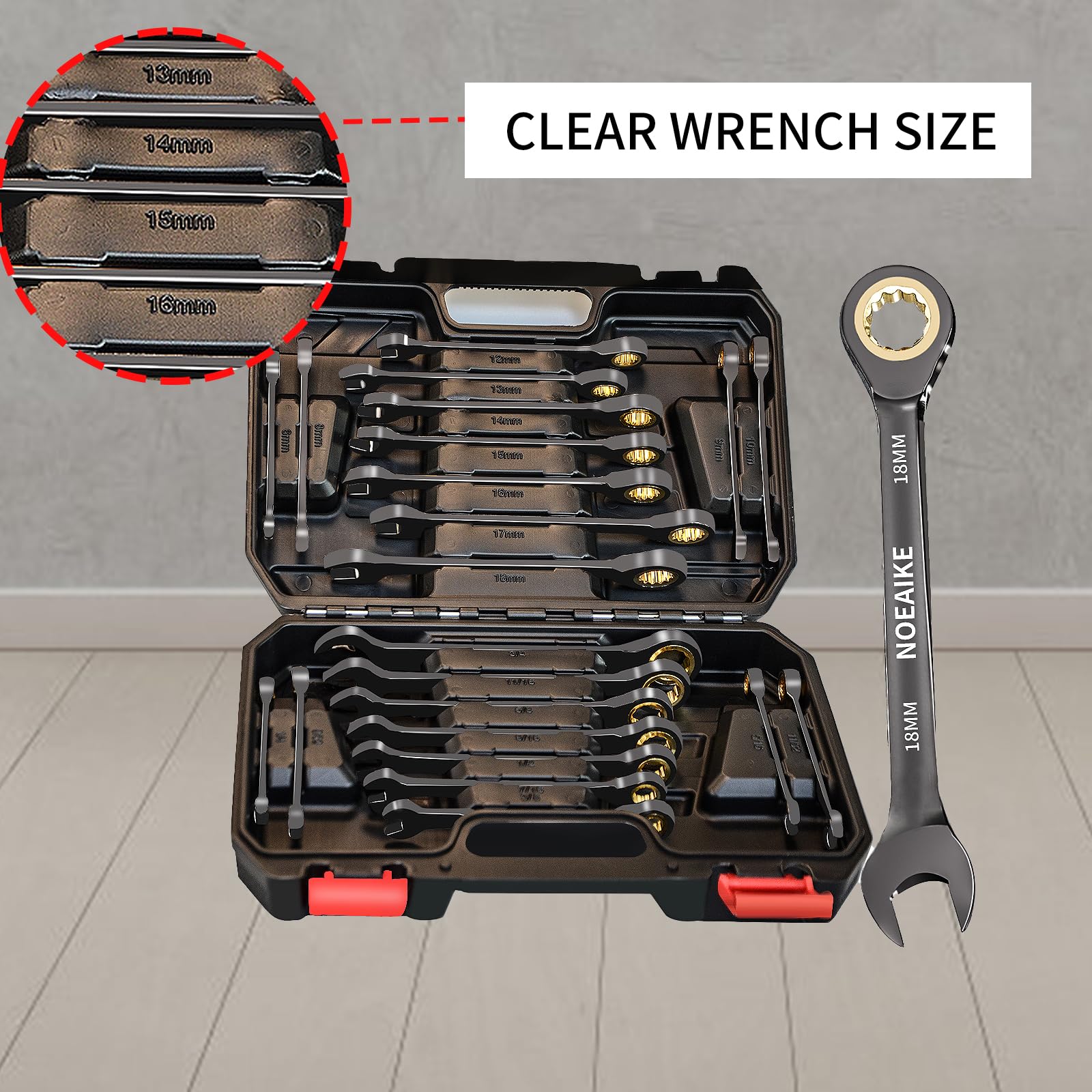 Set di 22 chiavi a cricchetto, denti antiscivolo, set di chiavi combinate a cricchetto metriche 6-18 mm e SAE 1/4"-3/4" con scatola organizer, nichelatura nera