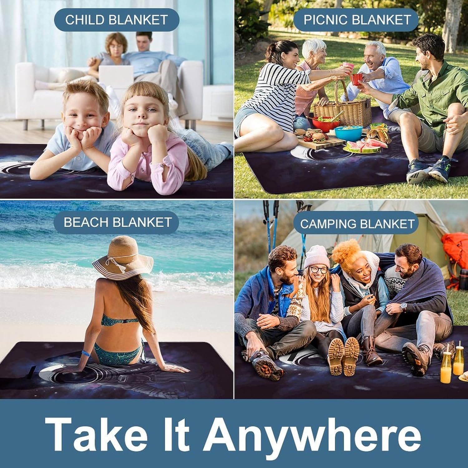 Astronaut Waterproof Picnic Blanket 58.3''x58.3'',Portable and Foldable Picnic Mat with Handle,Outdoor Blankets for Lawn Park Beach Travel