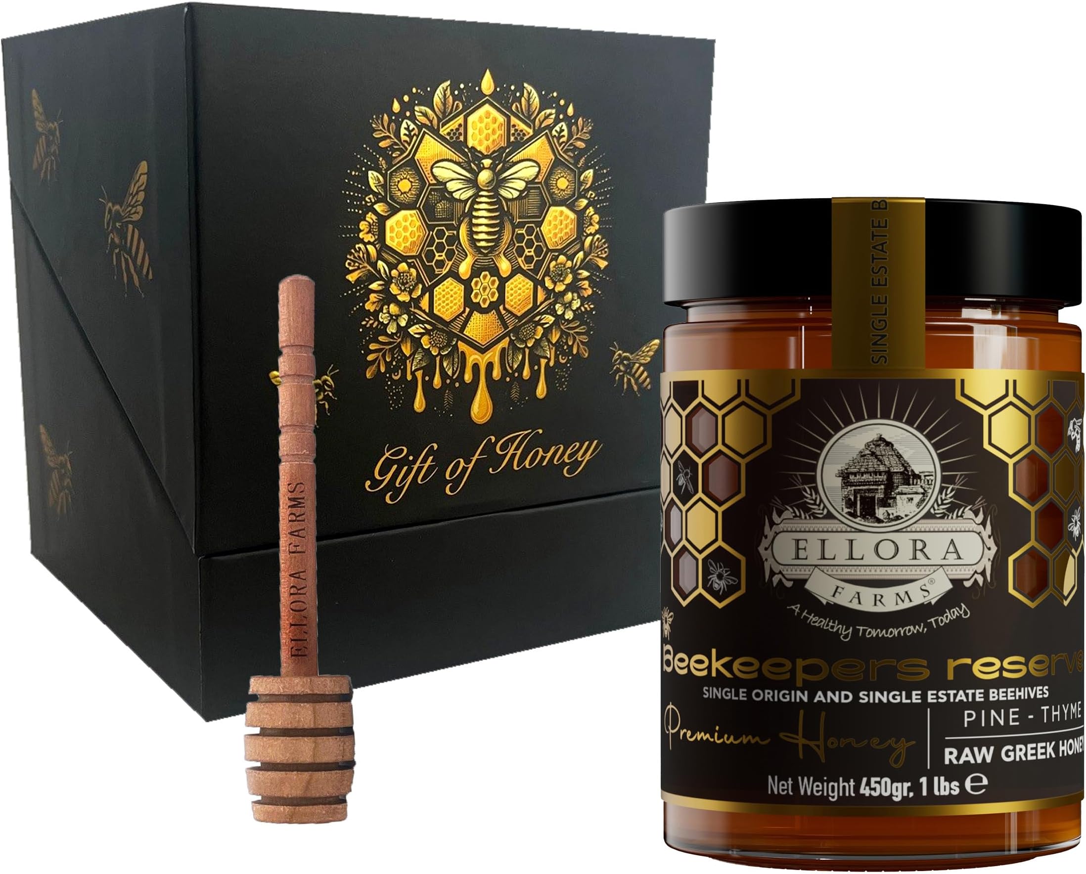 Ellora Farms Greek Honey Single Estate PDO, Pine & Thyme Honey Unfiltered, Gift Pack with Dipper, Beekeepers Reserve, Raw & Unfiltered, Gluten Free - 450g (16oz)