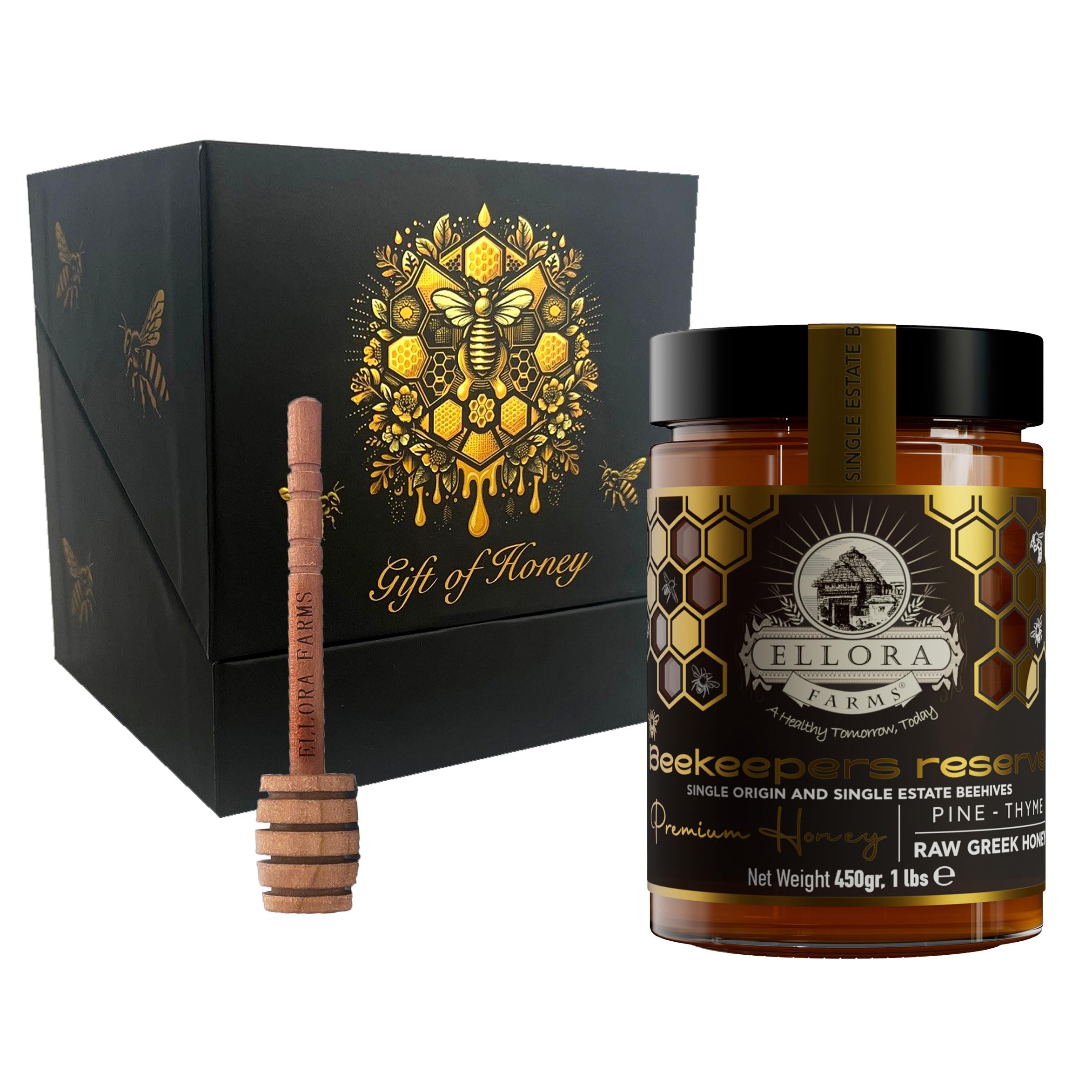 Ellora Farms Greek Honey Single Estate PDO, Pine & Thyme Honey Unfiltered, Gift Pack with Dipper, Beekeepers Reserve, Raw & Unfiltered, Gluten Free - 450g (16oz)