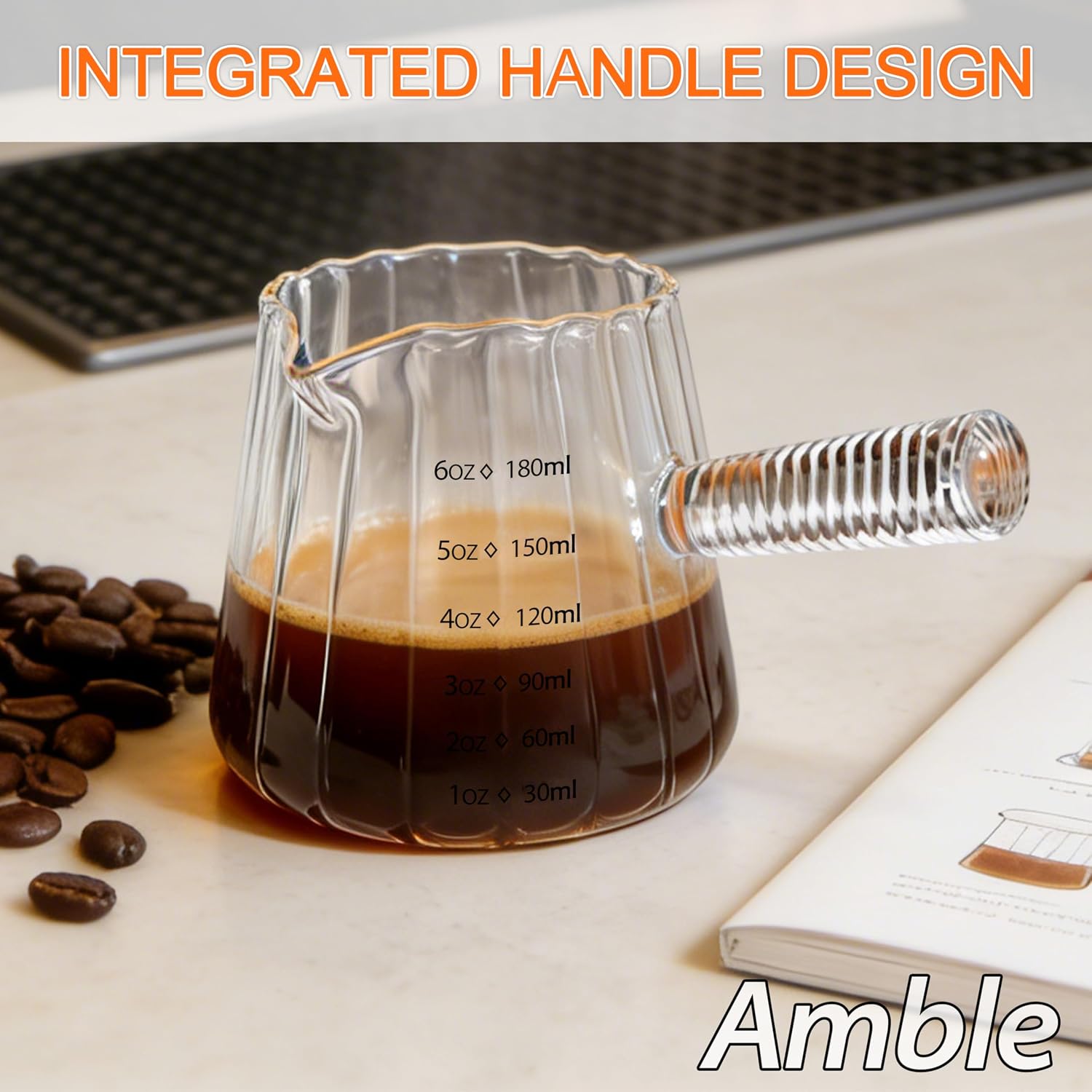 Amble Espresso Cups, Espresso Accessories, 6 Oz Espresso Shot Cups with Handle, Coffee Measuring Cup, Markings in both oz & ml, Dishwasher Safe