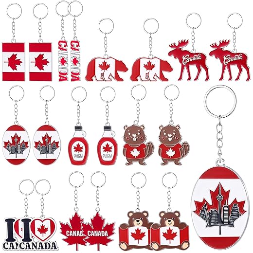 20 Pcs Canada Keychain Rings National Canada Day Keychains Gift Canadian Souvenir Flag Maple Leaf Decorations Keyring Purse Handbag Backpack Bag Decorations for Canadian Gifts Decoration
