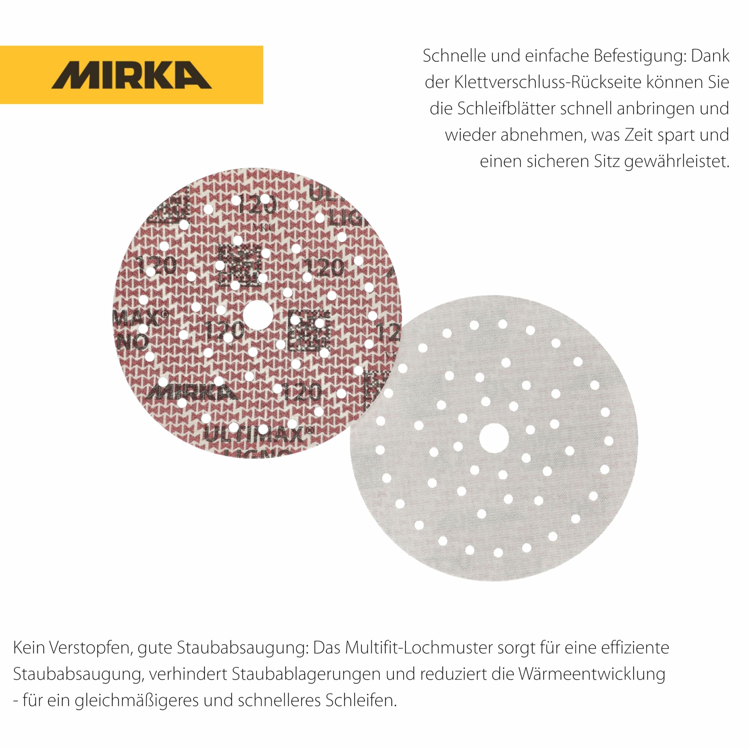 Mirka Ultimax Ligno discos de lija Ø 150mm cierre adhesivo Multifit grano 120 100 piezas