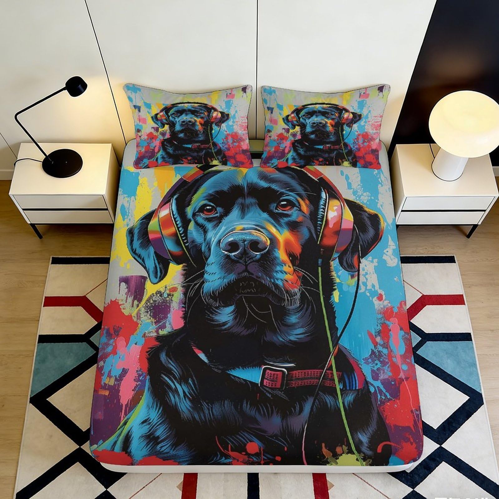 3D Printed Artistic Dog Fitted Sheet Microfiber Non-Slip Deep Pocket Dog Mattress Fitted Cover Bedroom Full Wrap All Ages 200x200x25cm