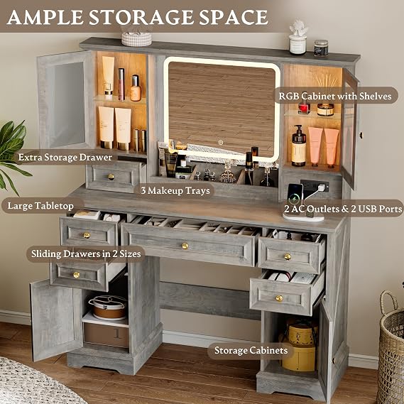 Xixini 43.3 Farmhouse Vanity Desk with LED Mirror, RGB Cabinets, Grey